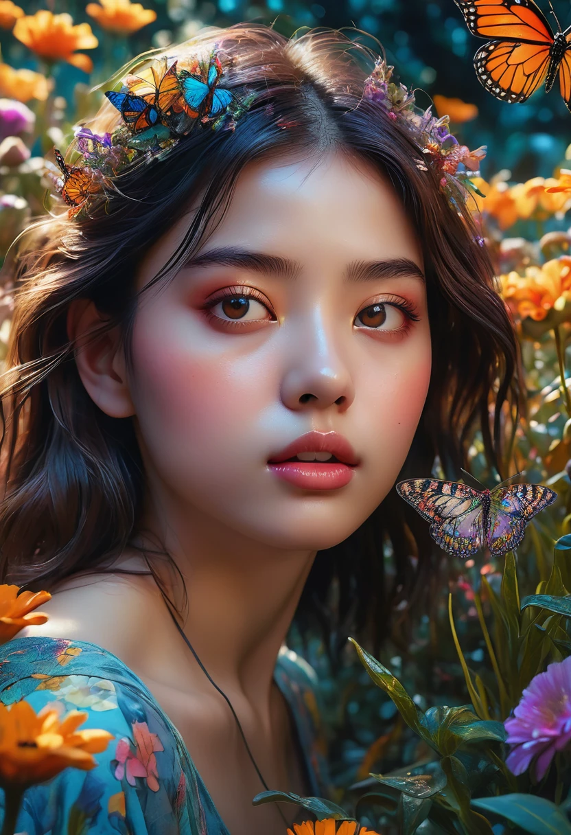 a girl close up, glowing shinny eyes with ultra long eyelashes, in a surreal and intricate garden of infinite possibilities, lost in a chaotic and unpredictable world, surrounded by vibrant and mesmerizing colors. The garden is filled with unique and peculiar plants and creatures, creating a sense of wonder and curiosity. 
The girl has deep and expressive eyes that are beautifully detailed, capturing the essence of her emotions and thoughts. Her lips are also beautifully detailed, reflecting her innermost desires and dreams. She has an aura of mystery and intrigue, drawing people towards her. Her face is extremely detailed, with long eyelashes that add to her captivating presence.

The garden is made with the highest level of craftsmanship, resembling a masterpiece of art. It combines various mediums such as illustrations, oil paintings, and 3D renderings, creating a visually stunning and immersive experience.

Every corner of the garden is filled with ultra-detailed elements, from the intricate textures on the petals of flowers to the fine details on the wings of butterflies. The level of detail is so high that it feels almost realistic and photorealistic. The colors are vivid and vibrant, with neon highlights that add a touch of excitement and futuristic aesthetics.

As the girl wanders through the garden, she is surrounded by an epic and complex landscape. The sky is filled with an abundance of stars, creating an ethereal and dream-like atmosphere. The transition between day and night is captured in the end of the sunset, where the colors blend harmoniously, creating a sense of tranquility and serenity.
This ultra HD artwork is a true masterpiece, capturing the essence of the girl's journey through the garden of random wonders. It is a visual representation of the infinite possibilities that lie within our dreams and the beauty that can be found in the most unexpected places.