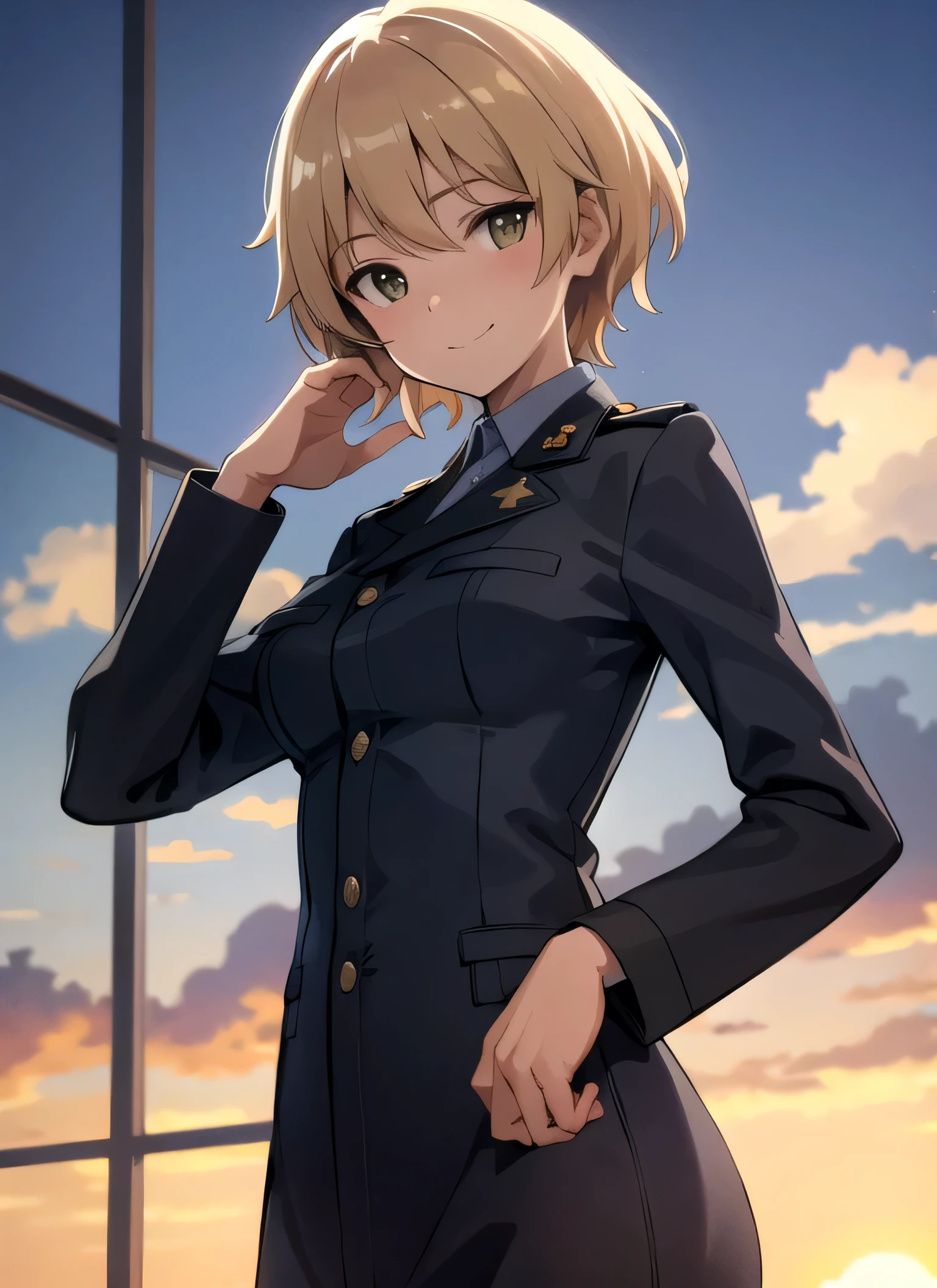 masterpiece, best quality, detailed hands, Krupinski, solo, smile, looking at viewer, military uniform, military airport, dim lighting, sky, clouds, 