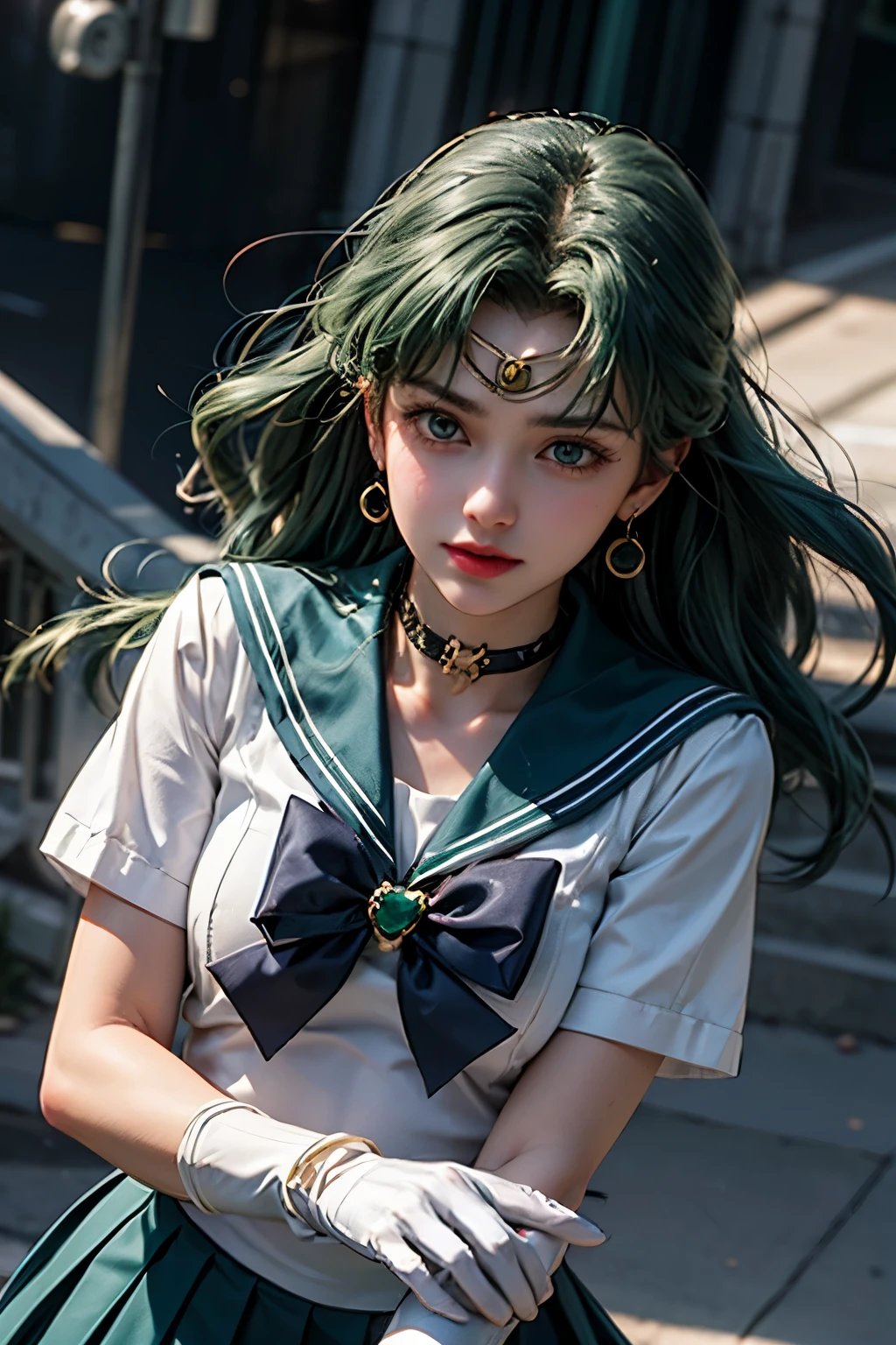 close, One girl, Sailor Neptune, Aqua Eye, dark green hair, Medium Hair, (Sailor Warrior Uniforms:1.1), Pleated skirt, bow, Dynamic posture, Dynamic Background, , highest quality, masterpiece, High resolution, Intricate details, (( Realistic )), photograph, Earrings, jewelry, White gloves, Mid-chest, whole body, White gloves, Sailor collar