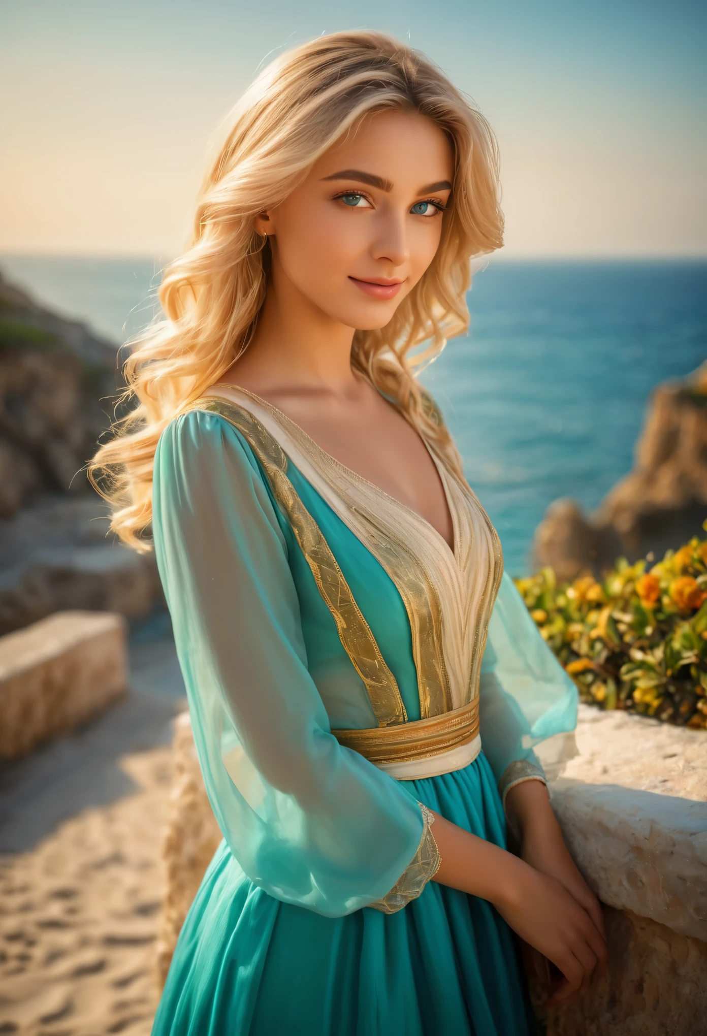 (best quality,4k,8k,highres,masterpiece:1.2),ultra-detailed,realistic:1.37,Italian Japanese mix, 15yo beautiful girl,blonde hair,blue eyes, the Aegean Sea, (She has a cool pose like a fashion model.p:1.5), scenic beauty,sparkling turquoise water,white sand beaches,gentle sea breeze,charming smile,magical atmosphere,traditional Italian dress,feminine grace,natural sunlight illuminating her face,vivid colors,bokeh,portrait,seaside landscape,classic painting style,painterly feel,warm color palette,soft lighting effect