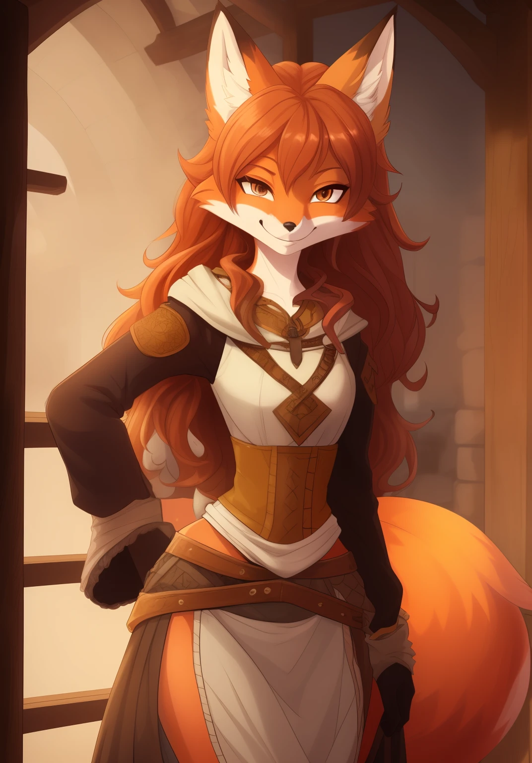 Best quality, super detailed illustration, warm colors, Ideal lighting, perfect detail, (Fox girl:1.4), high, majestic, fluffy fur, disheveled thick hair, bandit clothing in the Middle Ages, smug smile, half-closed eyes ,small waist, wide hips, slim, perfect body, DND style