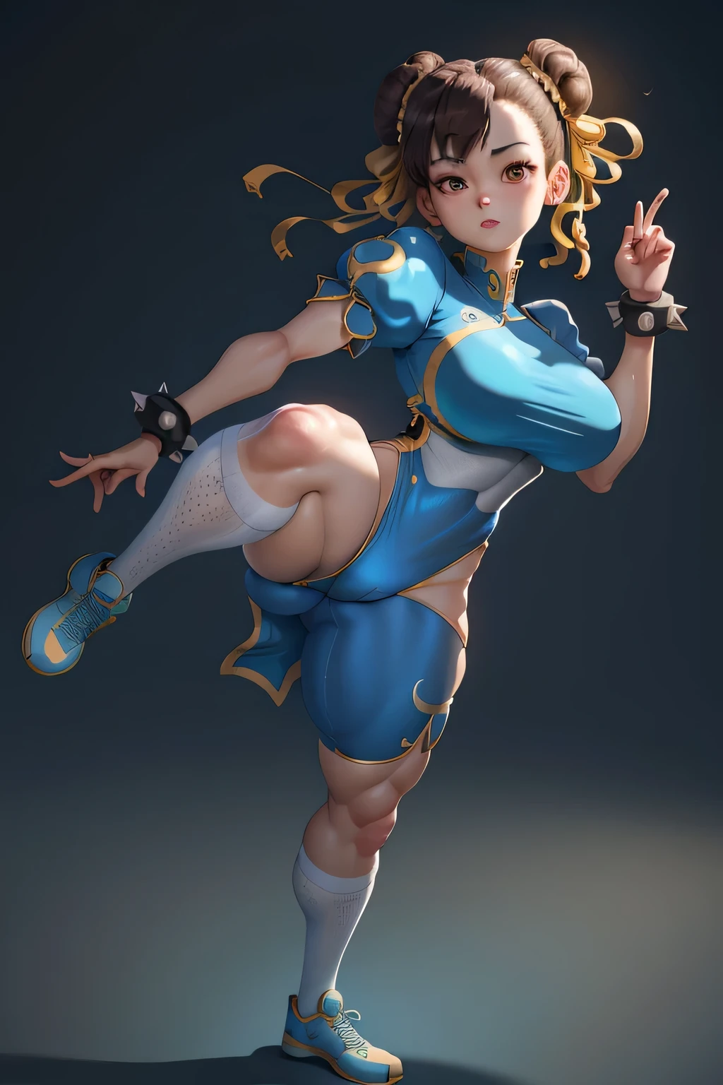 (best quality,8K,highres,masterpiece:1.2),cinematic lighting,ultra-high resolution,cartoon style:sleek and vibrant,tchibi,cute and chibi-like characters,simple background,minimalistic setting,1girl,chun li,showcasing her martial arts skills,full body,featuring her powerful and graceful movements,lesbian,Americans,expressing love and solidarity,curly hair,luscious and bouncy curls,athlete,fit and energetic physique,blue clothing,signifying strength and determination.