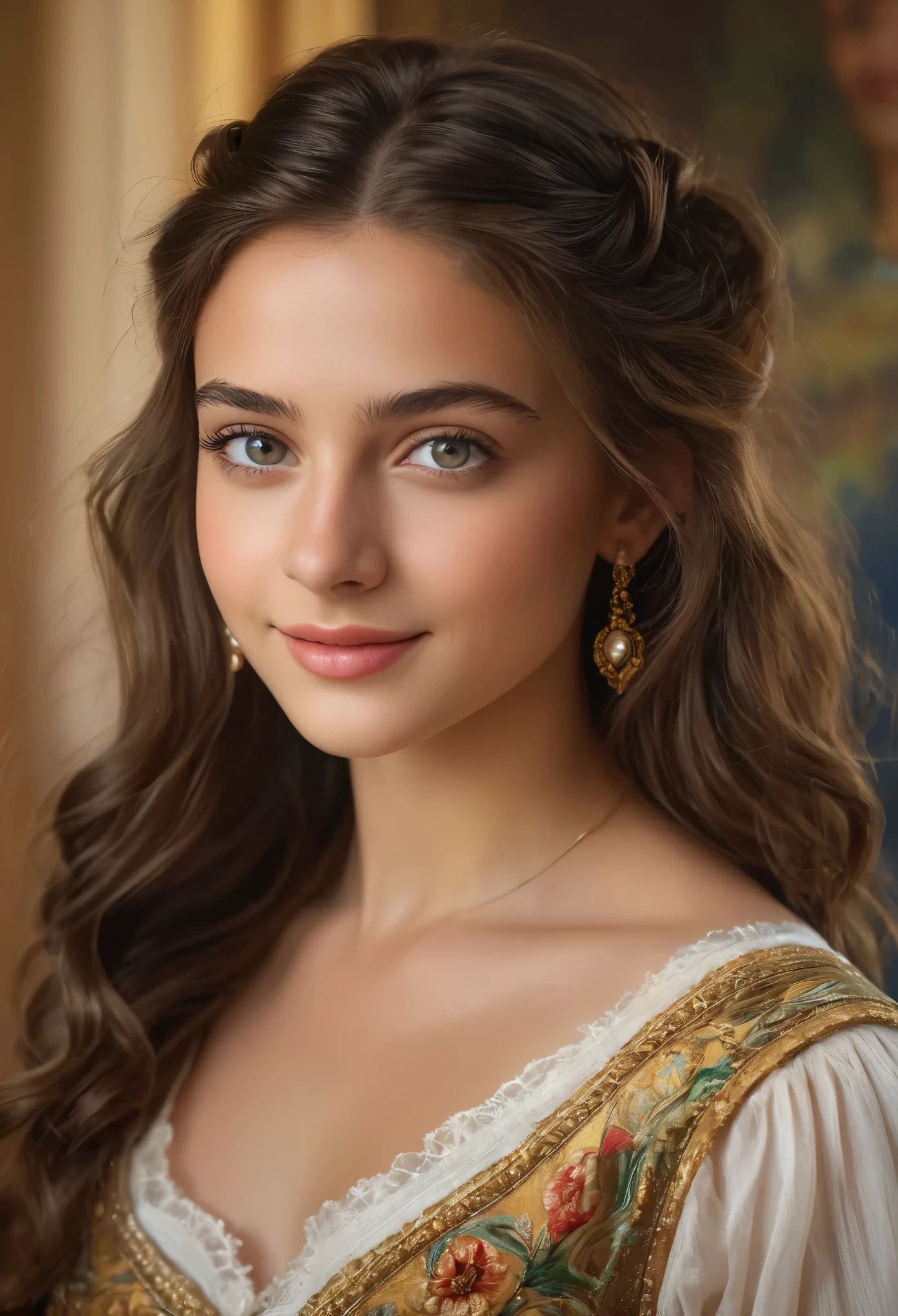 (best quality,4k,highres,masterpiece:1.2),ultra-detailed,photorealistic,portrait,painting,girl,Italian,detailed face,beautiful eyes,perfectly shaped nose,pleasant smile,flowing brunette hair,stunning beauty,15 years old,classical beauty,classy attire,graceful pose,royal background,soft lighting,vibrant colors,harmonious composition