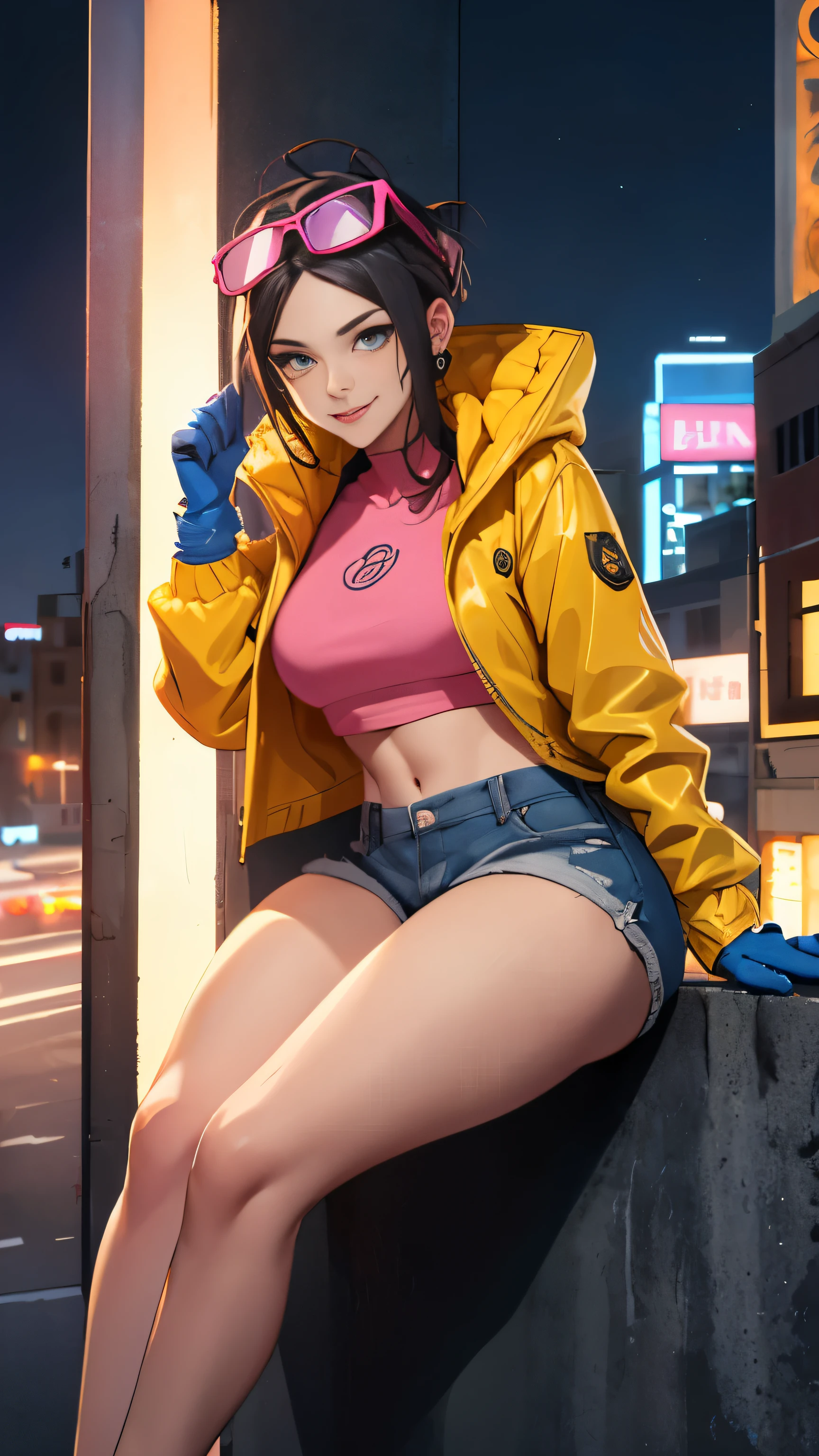 (hohe Qualität, Meisterwerk, ausführlich), night city ausführlich scenario, night city ausführlich background, Allein, Jubiläum, rosa Crop Top, Regenjacke, kurze Jeans, blaue Handschuhe, Brille auf dem Kopf, Grinsen, auf dem Dach eines Gebäudes sitzen, Nabel, perfektes Gesicht, wunderschöne Augen, den Betrachter anschauen, sexy Pose