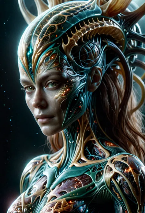 Alien queen portrait, interweaving technoanatomical and fractal elements, character design, Dynamic lighting that highlights mul...