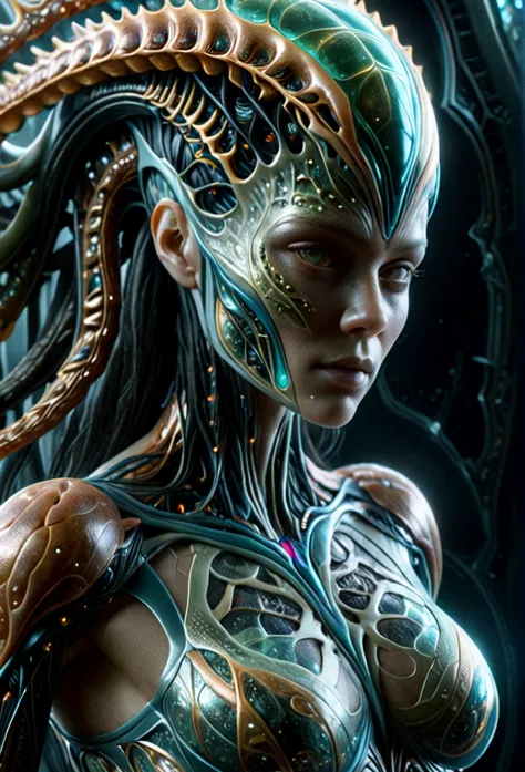 Alien queen portrait, interweaving technoanatomical and fractal elements, character design, Dynamic lighting that highlights mul...