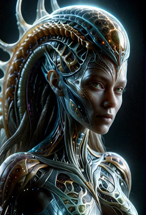 Alien queen portrait, interweaving technoanatomical and fractal elements, character design, Dynamic lighting that highlights mul...