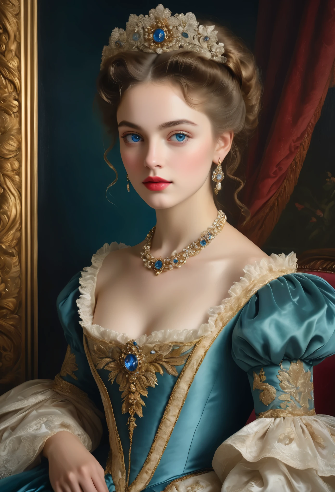 (haute résolution,chef-d&#39;œuvre:1.2),(Réaliste:1.37)Un portrait d&#39;une jeune aristocrate française du XVIIIe siècle d&#39;une beauté sans précédent. Elle a des yeux bleus fascinants et de délicates lèvres roses.. Le portrait est minutieusement détaillé, capturant chaque nuance subtile de ses traits. Elle est ornée d&#39;une robe en soie exquise, orné de dentelle complexe et de broderies délicates. Le tableau met en valeur l’opulence de l’époque, avec des rideaux de velours luxuriants et des meubles dorés en arrière-plan. L&#39;éclairage est doux et diffus, accentuant la beauté éthérée de la fille. Les couleurs sont vives et riches, créer une expérience visuelle captivante. Le portrait est créé dans le style du portrait classique, rappelant les œuvres d&#39;artistes renommés de l&#39;époque. Il respire l’élégance, la grâce, et sophistication.