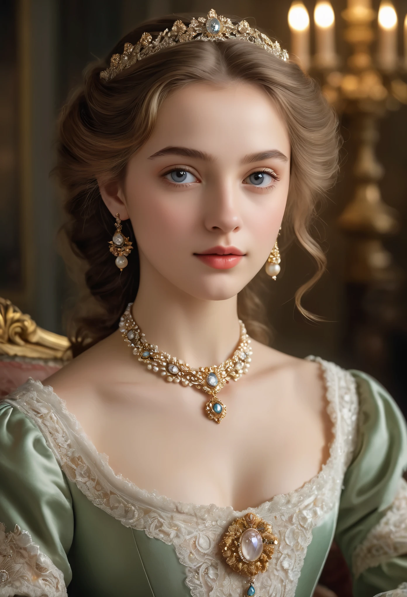 (best quality,4k,8k,highres,masterpiece:1.2),ultra-detailed,(realistic,photorealistic,photo-realistic:1.37),portrait,painting,pastels,personalized masterpiece,18th century,Russian,aristocratic,girl,noble daughter,14 years old,extremely beautiful,face,expressive eyes,delicate nose,luscious lips,porcelain skin,rosy cheeks,flowing curls,silky dress,stately posture,fine jewelry,embroidered lace collar,grand background,opulent interior,faint golden light