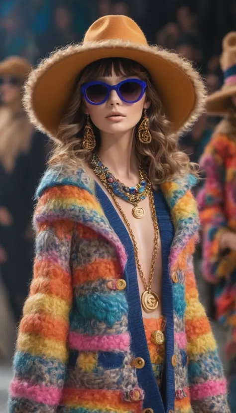 Alpaca, full body, 2024 Chanel fashion show, anthropomorphic, cute, seductive, catwalk, glamorous, makeup, cool, sunglasses, nec...