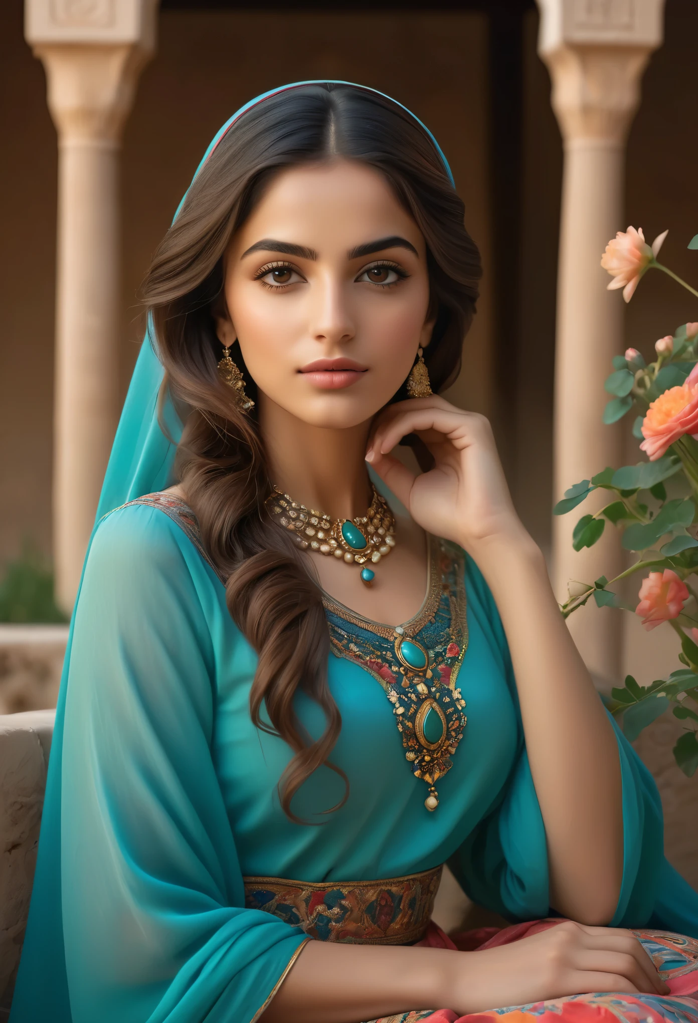 (best quality,4k,8k,highres,masterpiece:1.2),ultra-detailed,(realistic,photorealistic,photo-realistic:1.37),19th century,portraits,color palette: warm tones,soft lighting,saudi arabia,teenager,beautiful girl,detailed eyes,detailed lips,long eyelashes,rosy cheeks,flowing dark hair,graceful posture,turquoise blue hijab,delicate jewelry,serene expression,mood: tranquil,background: garden with vibrant flowers and a stone bench,traditional dress,constellation necklace,vivid colors,subtle brushstrokes,Persian-influenced pattern,subtle lighting and shadows,traditional Arabic calligraphy,tenderly painted hands.