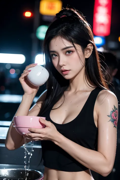 pink eyes, also tattooed, long hair, black hair, tank top, girl ,night city, glowing eyes, no feelings, songkran ,miss songkran ...