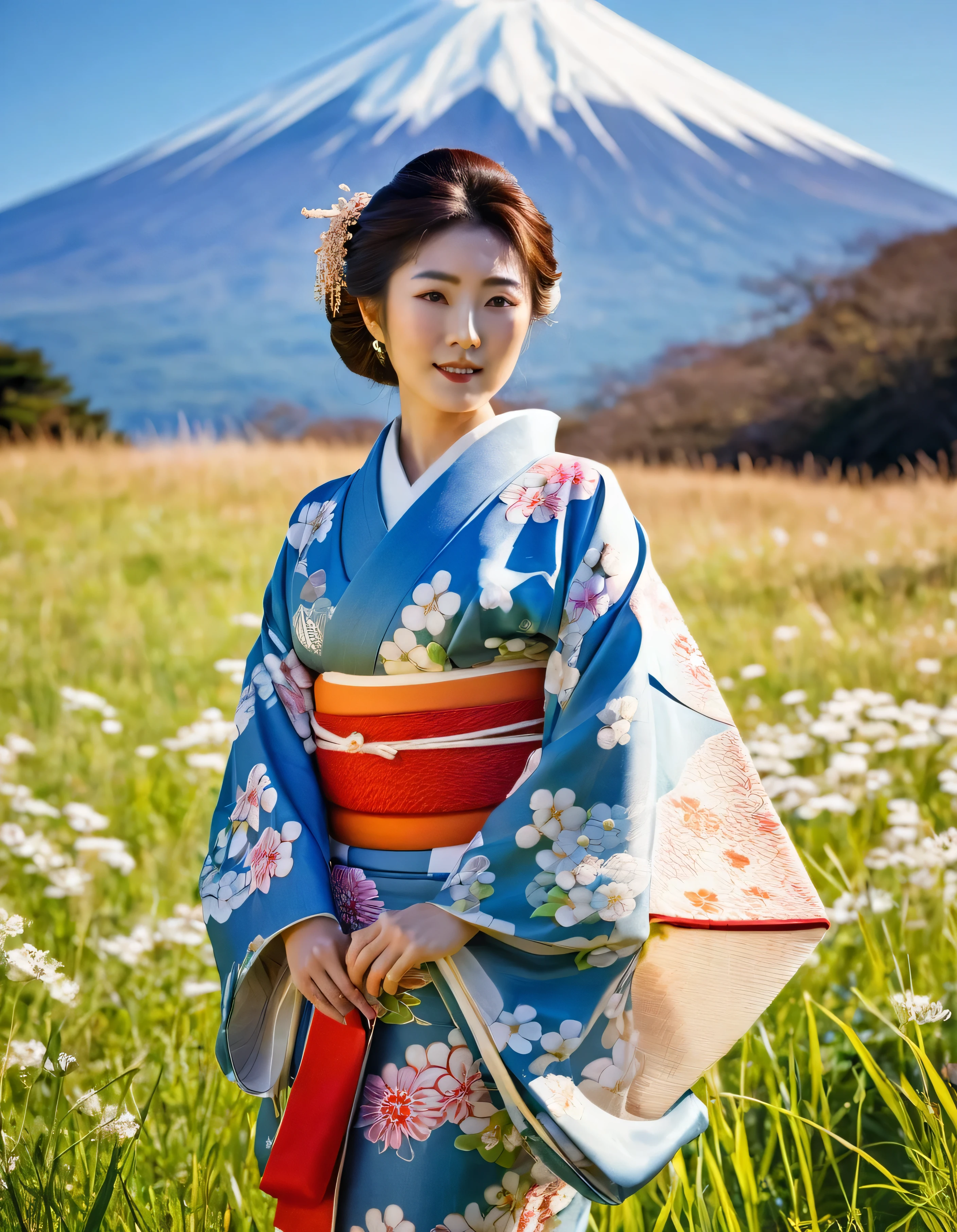 ((Half body Portrait of Beautiful Young Japanese Woman )), (( Traditional kimono outfit)), High-class Lady,( Meiji Fashion Style),(( Vintage Color Photo)),((Outdoor photography in a beautiful meadow)) (( In the background is Mount Fuji with snow covering the top.)), ((Good weather and Bright clear sky above)), Soft shadows Super-Resolution, Megapixel, ProPhoto RGB, VR, Spotlight, Frontlight, Halfrear Lighting, Backlight, Rim Lights, Rim Lighting, Artificial Lighting, Natural Lighting, Incandescent,The images are very realistic.,documentary photography, Photos for advertising,fashion for travel,Japan