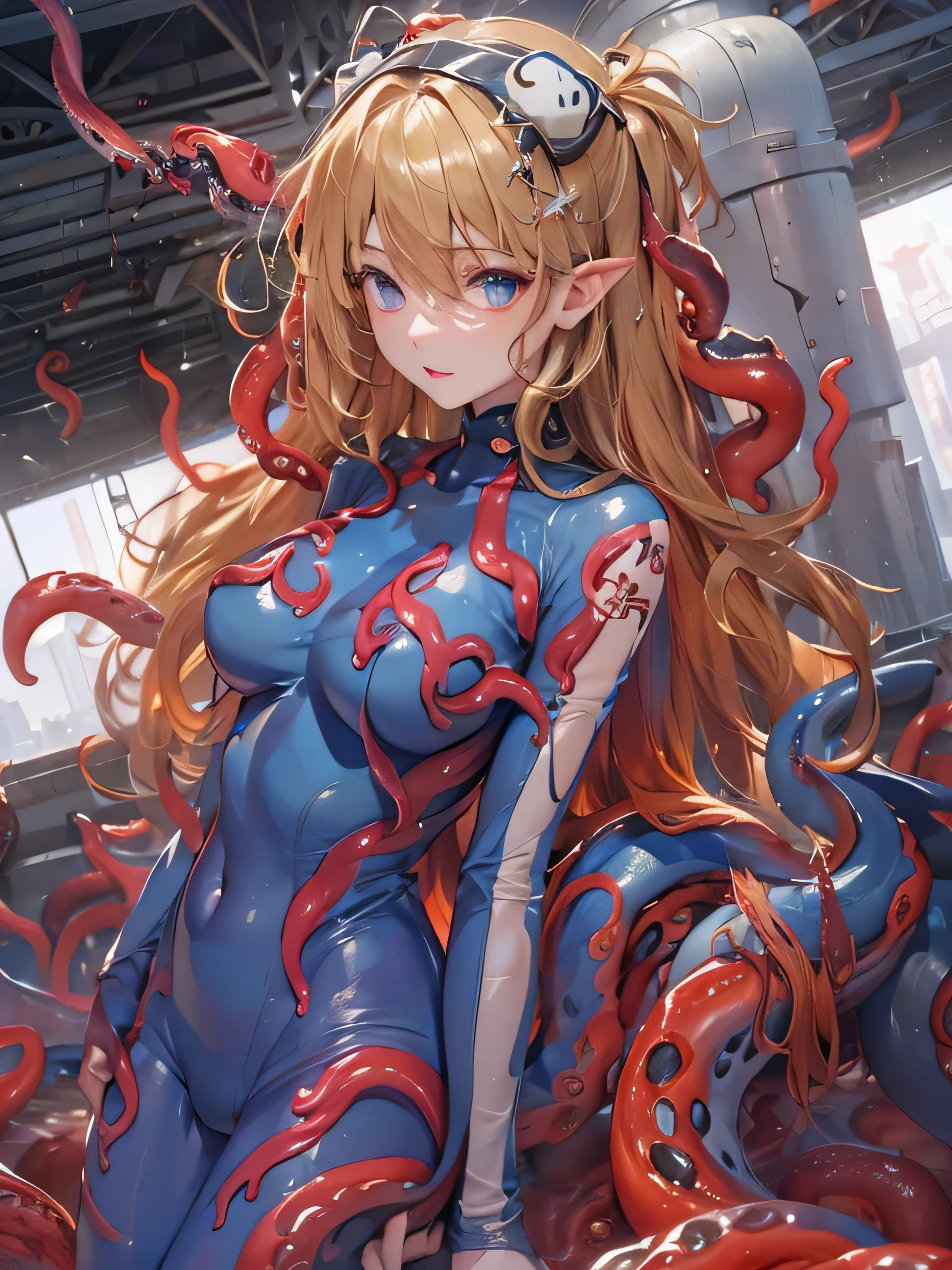 A woman in a blue and red outfit with tentacles on her body - SeaArt AI