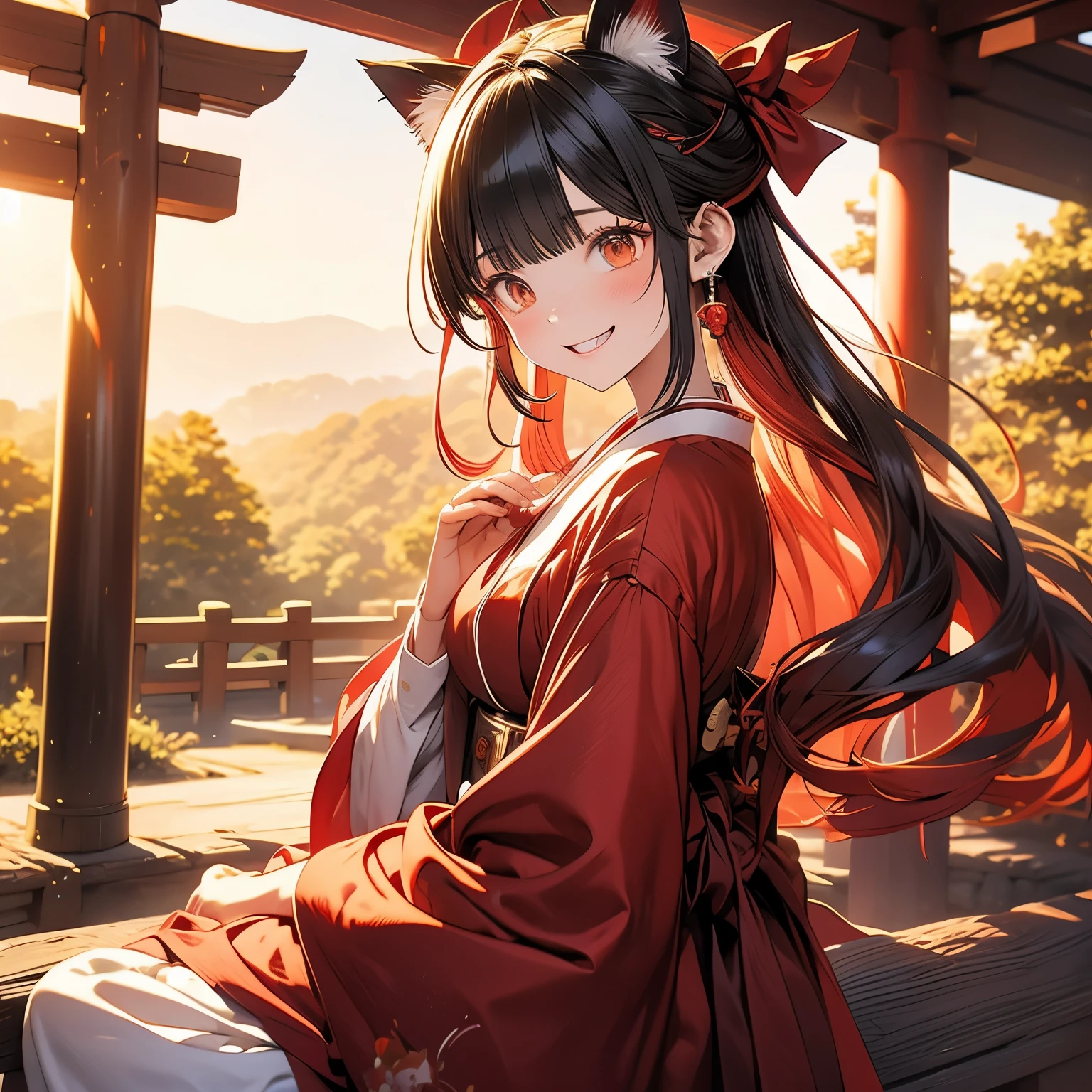 Cat ear、Shrine maiden、morning、sunrise、Red Torii Gate、in the forest、A cheerful smile、relax、older sister