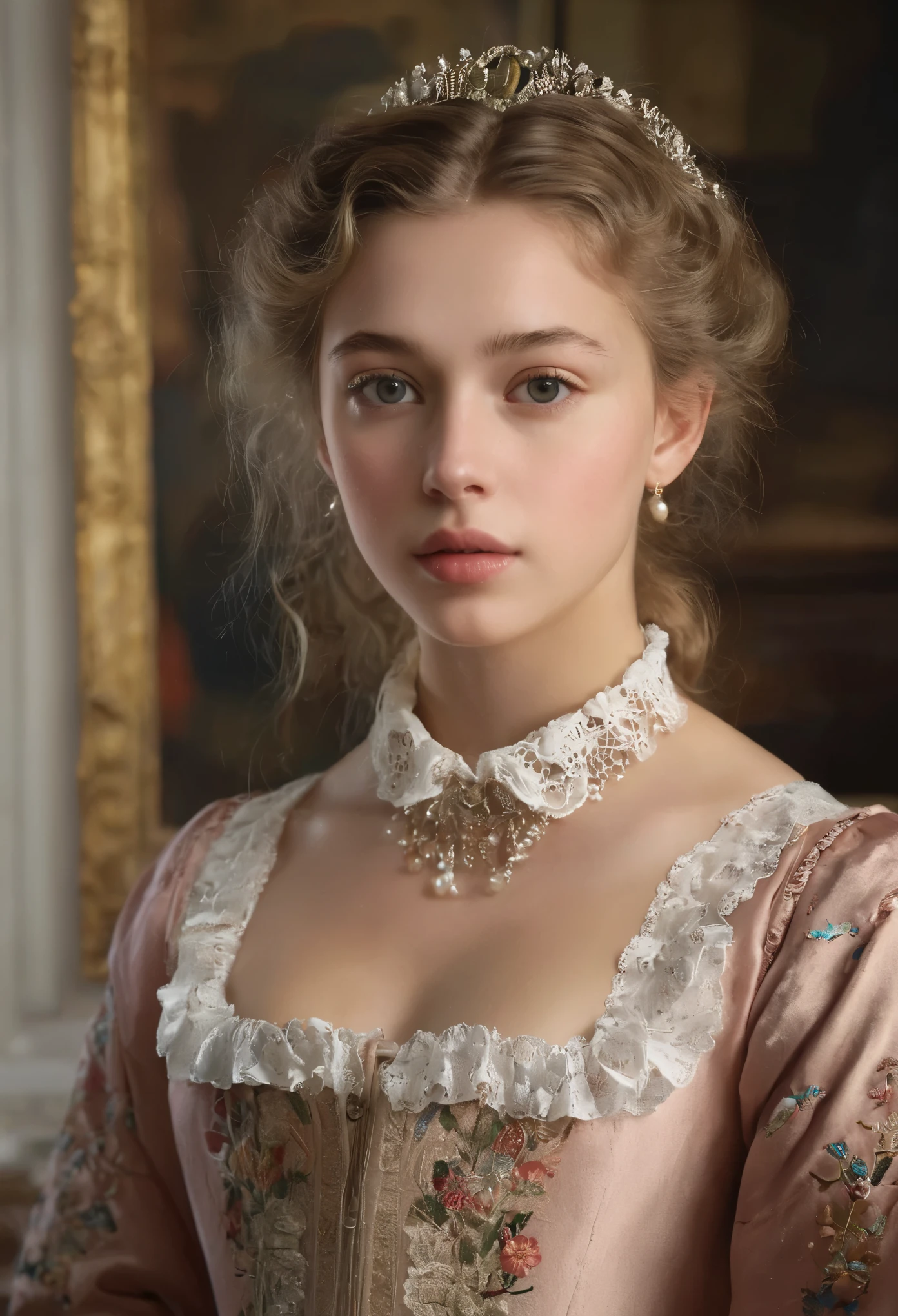 (best quality,4k,8k,highres,masterpiece:1.2),ultra-detailed,(realistic,photorealistic,photo-realistic:1.37),portrait,painting,pastels,personalized masterpiece,18th century,Russian,aristocratic,girl,noble daughter,14 years old,extremely beautiful,face,expressive eyes,delicate nose,luscious lips,porcelain skin,rosy cheeks,flowing curls,silky dress,stately posture,fine jewelry,embroidered lace collar,grand background,opulent interior,faint golden light