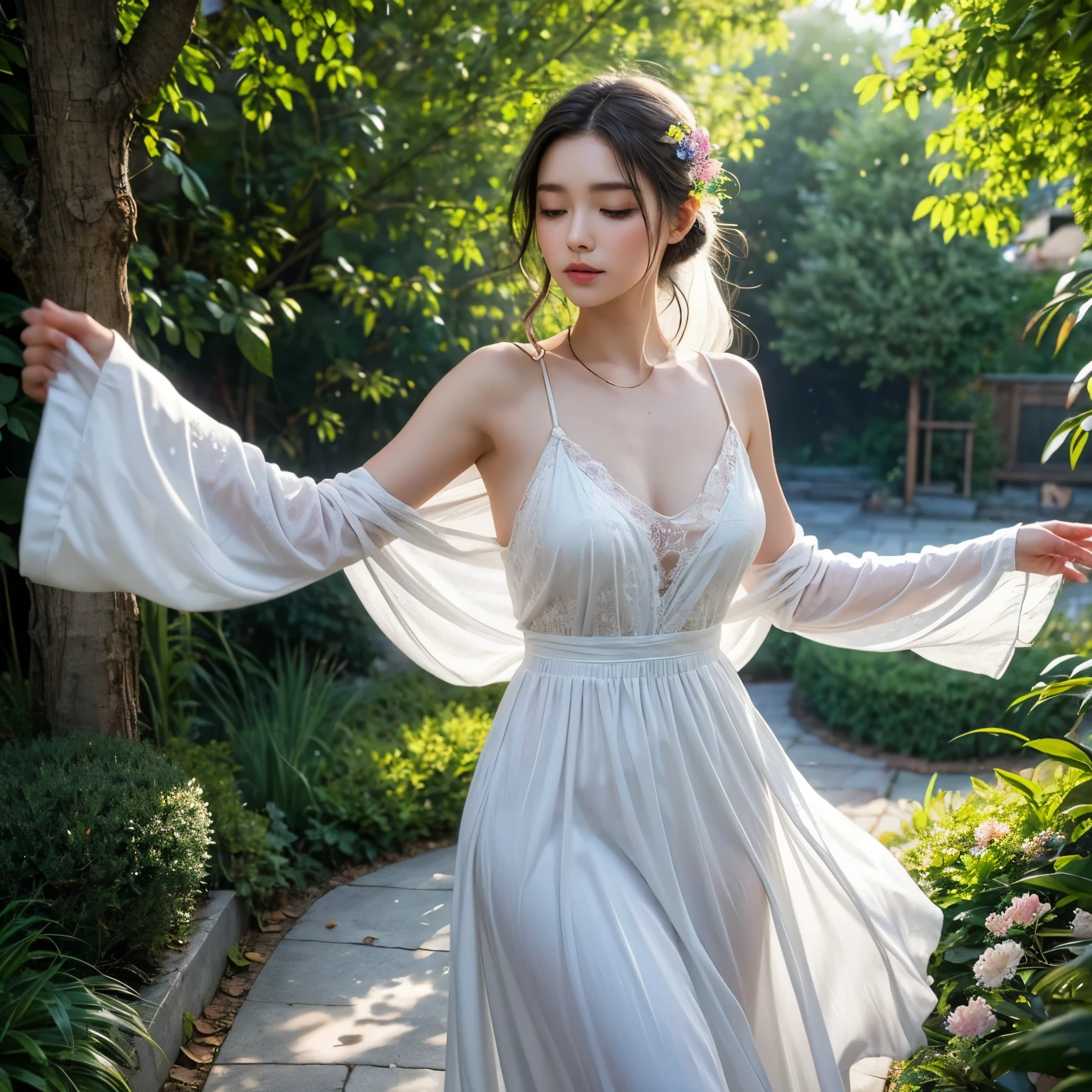 a girl in a garden,magical,ethereal,soft pastel colors,floating petals,butterflies dancing,lush green plants,serious look,flowing dress,light filtering through the trees,sunlit,delicate features,enchanted atmosphere,springtime vibes,dreamy,whimsical,airy,artistic illustration,impressionistic style,subtle brushstrokes,ultra-detailed,highres,best quality,vibrant flowers,sparkling dewdrops,mystical feeling,fantasy-like,serene expression,warm sunlight,playful,captivating,graceful