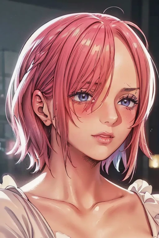 (((masterpiece))), (((best quality))), ((ultra-detailed)), (highly detailed CG illustration), vinsmoke reiju, (nsfw:1.4), (masterpiece:1.5), Detailed Photo, Sexy, (Best Quality: 1.4), (1girl), Beautiful Face, (Pink Hair, short Hair: 1.3), Beautiful Hairstyle, beautiful detail eyes, (realistic skin), beautiful skin, absurd, attractive, ultra high resolution, high definition, (sexually aroused:1.5), Pinkish white skin, cool white light, sexy pose, Beautiful , white background, pink soft white light, Wear a white dress, (Hair covering right eye: 1.5), wife, incoming face, kissing camera