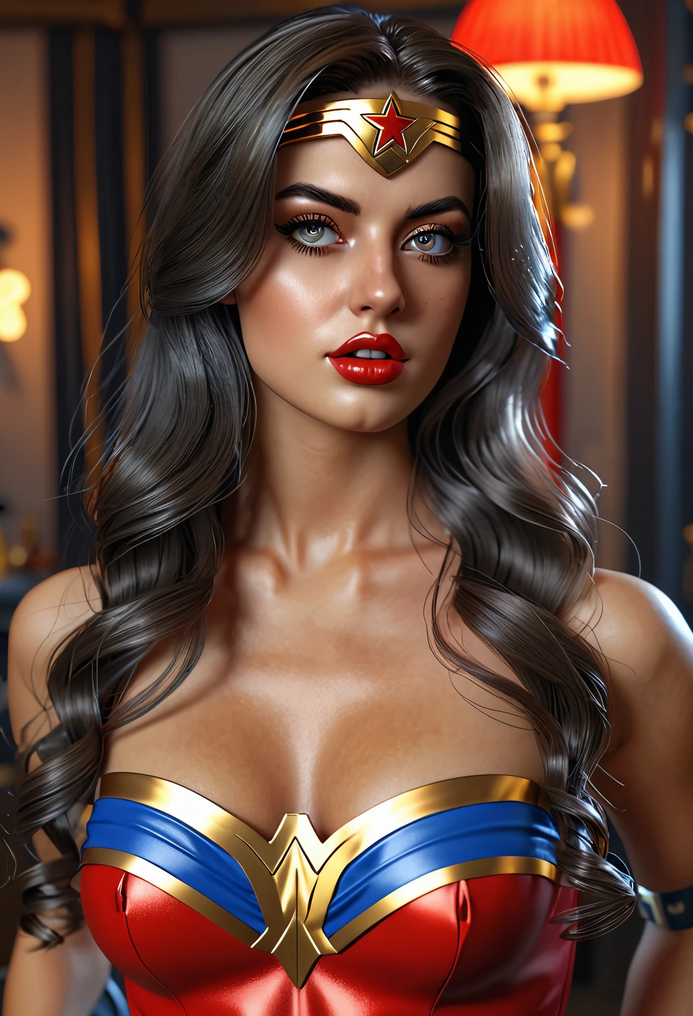 (best quality,4k,ultra-realistic:1.2),ultra-detailed,(photorealistic:1.37) sexy beautiful Izabela Ion dressed as Wonder Woman , in the style of realism, natural lighting, sexy pinup, 8k resolution, , full body
