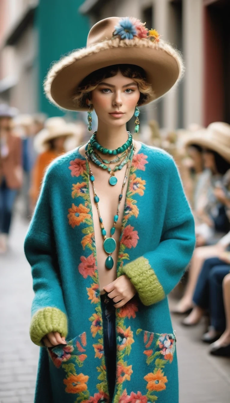 mode Photographie de rue of cute alpacas， Alpaga personnifié，tout le corps，mode trends 2024，Floral，bleu，vert，couleur，Charmant alpaga，Alpaga enchanteur，Marcher sur un podium，poses dynamiques，cool，collier，a，mode，se maquiller，dessin animé，arrière-plan：Photographie de rue