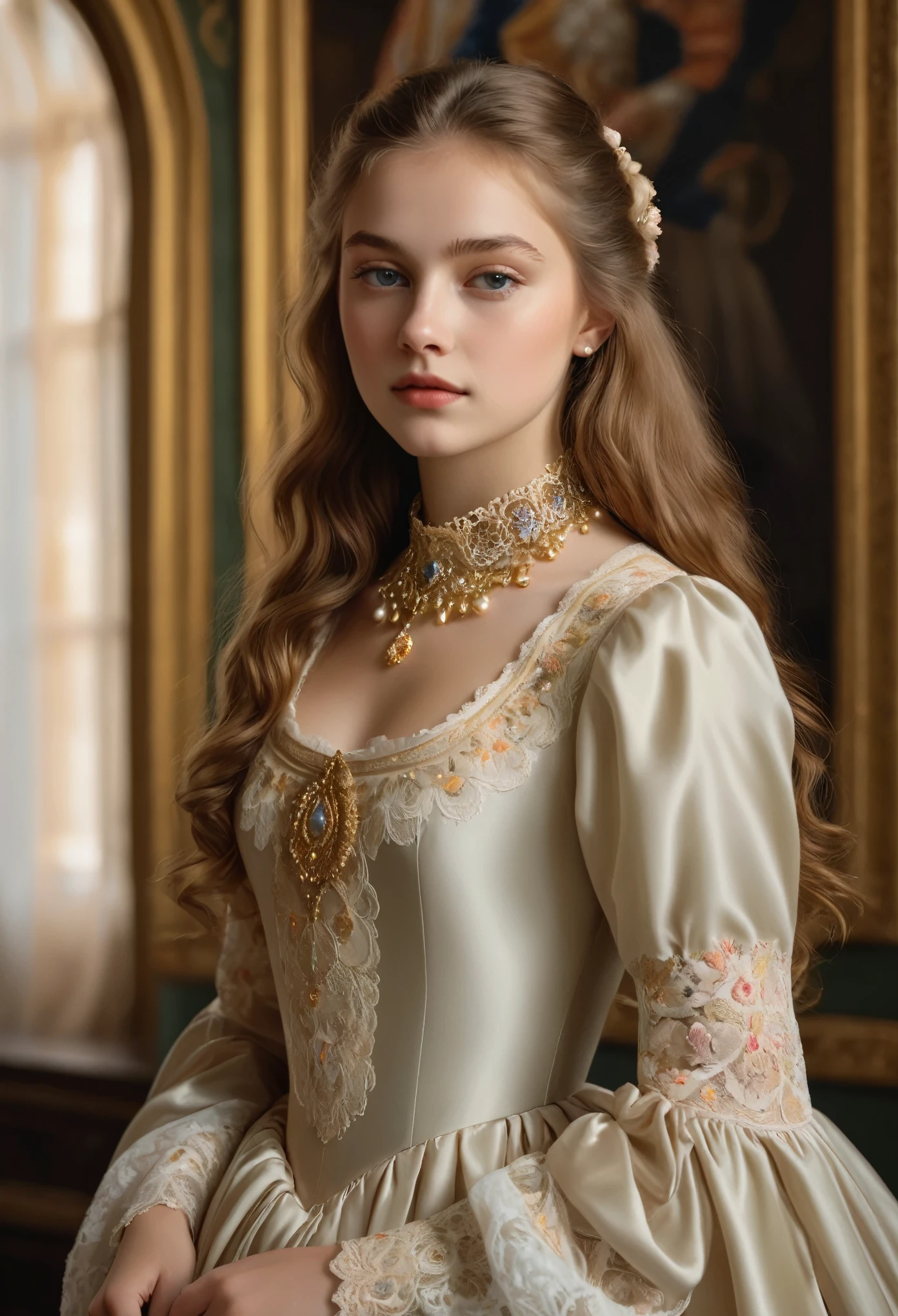(best quality,4k,8k,highres,masterpiece:1.2),ultra-detailed,(realistic,photorealistic,photo-realistic:1.37),portrait,painting,pastels,personalized masterpiece,18th century,Russian,aristocratic,girl,noble daughter,14 years old,extremely beautiful,face,expressive eyes,delicate nose,luscious lips,porcelain skin,rosy cheeks,flowing curls,silky dress,stately posture,fine jewelry,embroidered lace collar,grand background,opulent interior,faint golden light