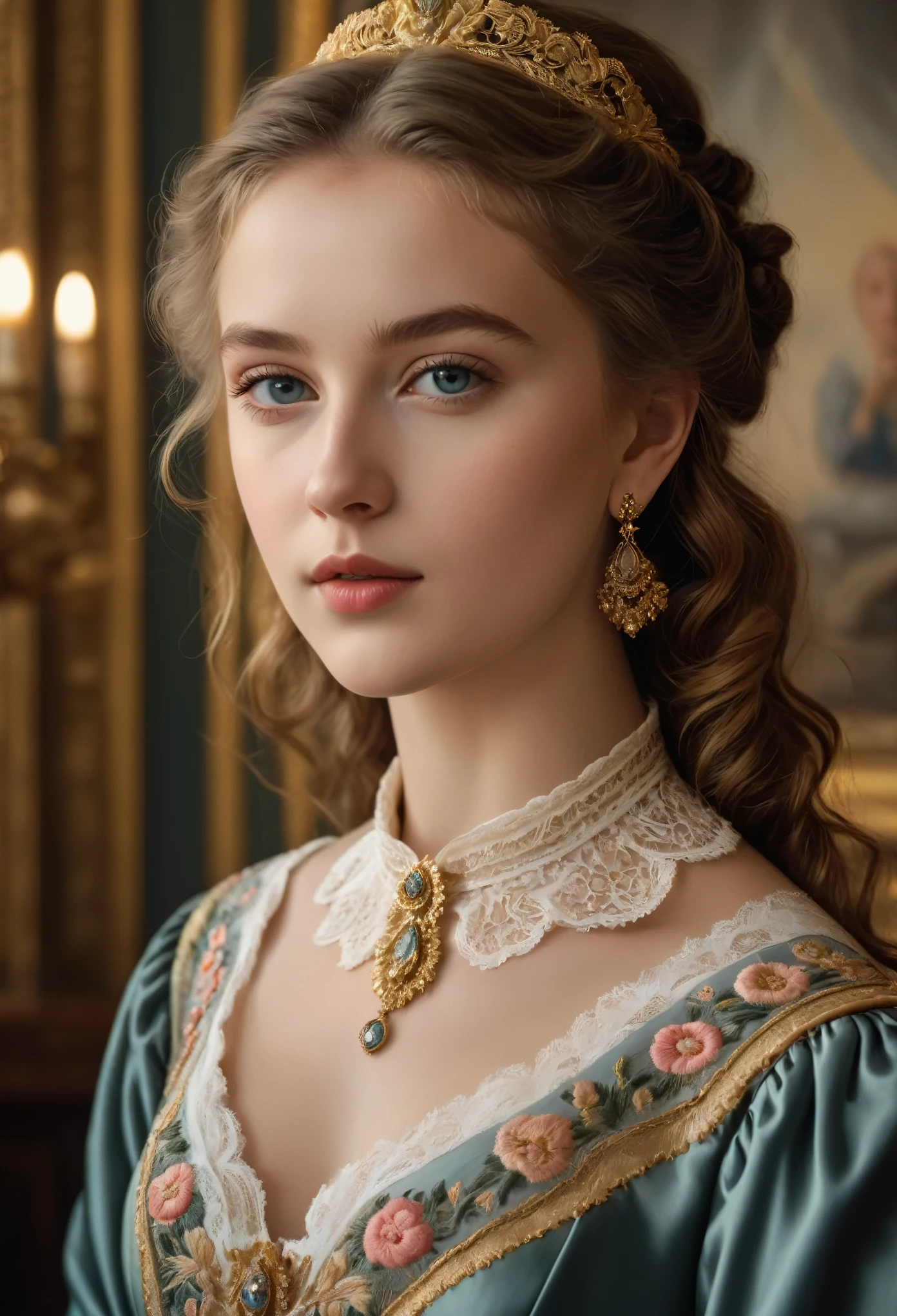 (best quality,4k,8k,highres,masterpiece:1.2),ultra-detailed,(realistic,photorealistic,photo-realistic:1.37),portrait,painting,pastels,personalized masterpiece,18th century,Russian,aristocratic,girl,noble daughter,14 years old,extremely beautiful,face,expressive eyes,delicate nose,luscious lips,porcelain skin,rosy cheeks,flowing curls,silky dress,stately posture,fine jewelry,embroidered lace collar,grand background,opulent interior,faint golden light