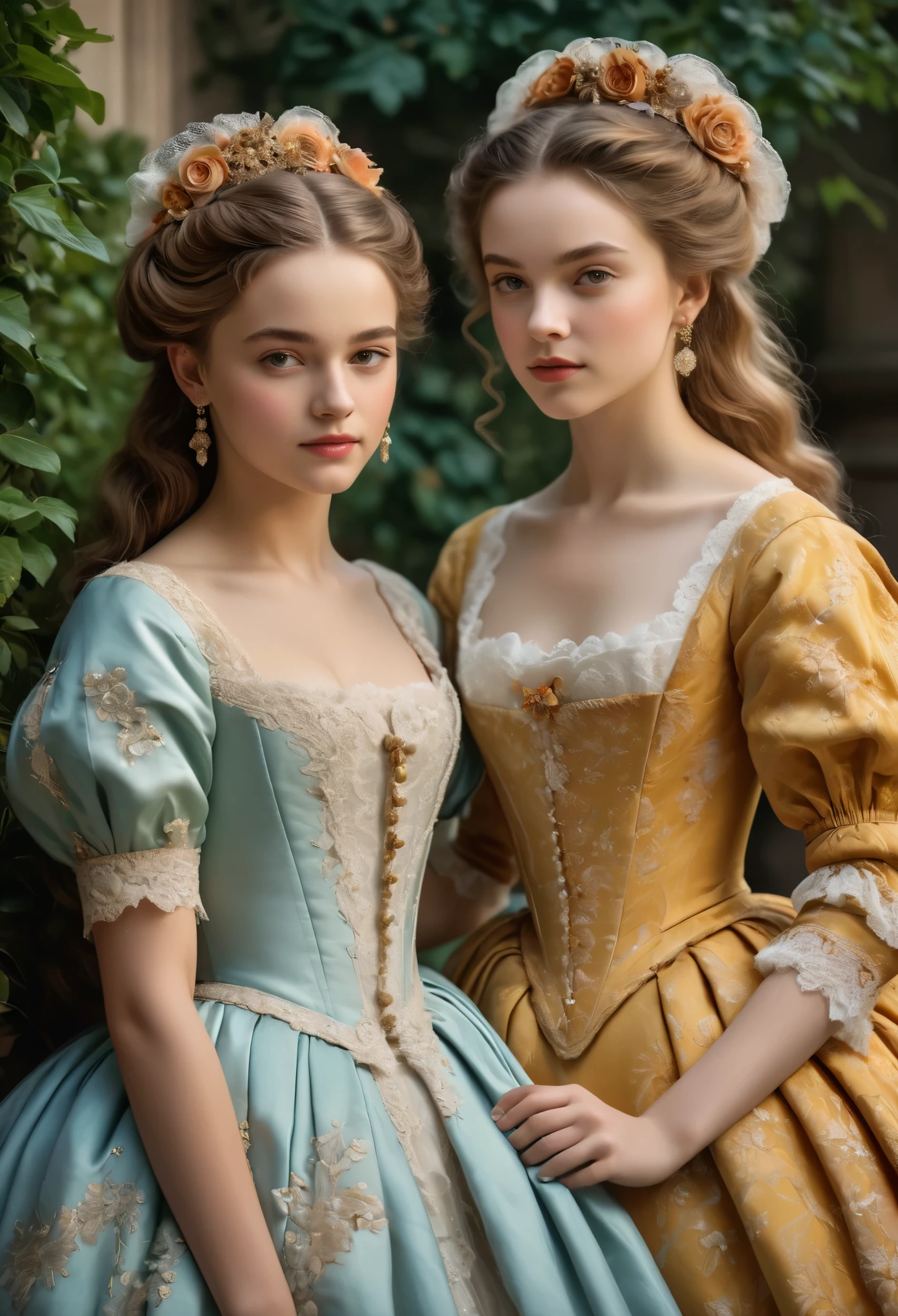 (best quality,4k,8k,highres,masterpiece:1.2),ultra-detailed,(realistic,photorealistic,photo-realistic:1.37),18th century,beautiful British sisters portrait,15-year-old and 12-year-old,nobility,classic,exquisite attire,ornate hairstyles,elegant posture,vibrant colors,soft lighting,subtle shadows,lush garden background,delicate lace patterns,gentle expressions,engaging gazes,intense bond between the sisters,serene atmosphere