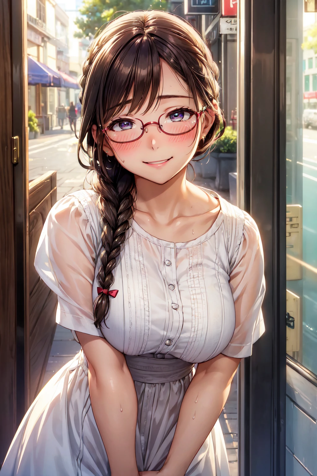 (high quality, High resolution, The finer details), Sidewalk, Side view, alone, girl, Braided Hair, , Sparkling eyes, (large round frame glasses), (Fine grain), big breasts, ((A kind smile)), blush, Sweat, Oily skin, (Focus plane), Shallow depth of field