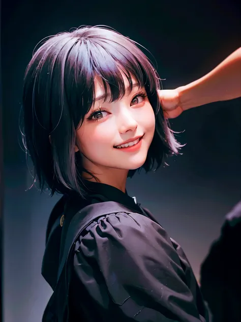 Girl with black  wolf cut hair on graduation day smiling