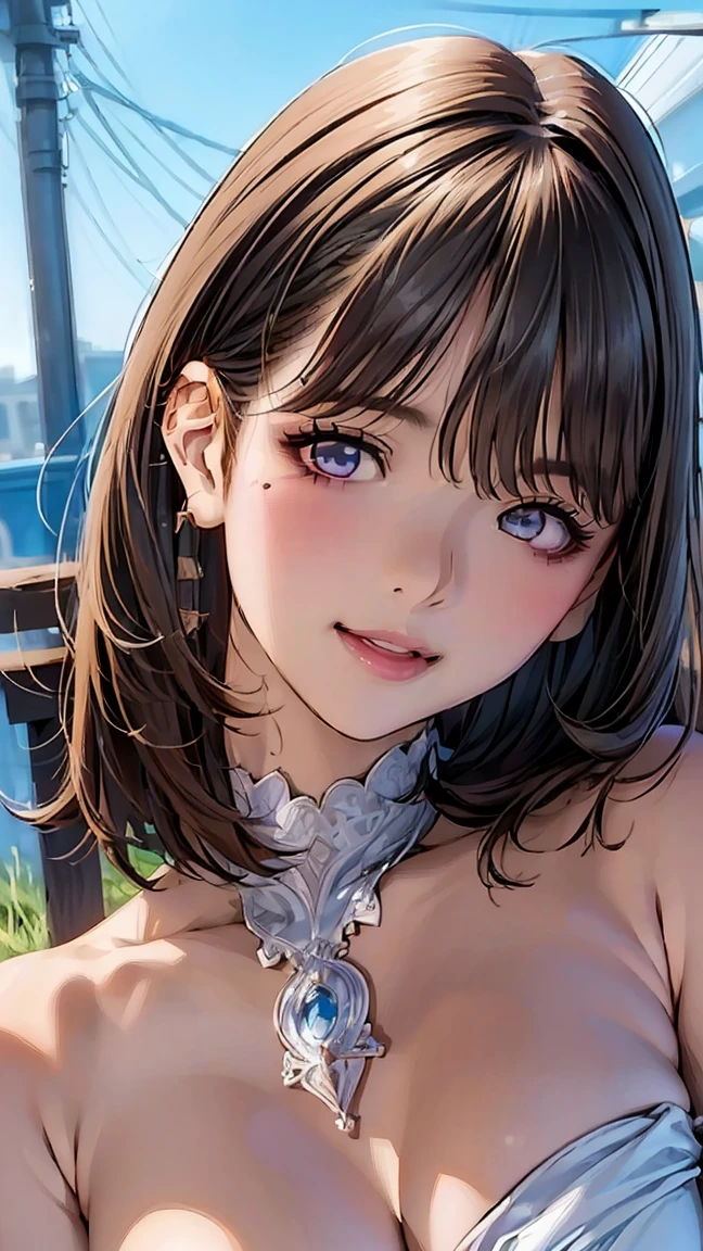 (NSFW:1.2), (8K, RAW photo, best image quality, masterpiece: 1.4), (Highly detailed CG Unity 8K wallpaper, highest quality, High resolution: 1.2), (ultra_be familiar with, UHD: 1.2), super highly be familiar with, (realistic, realistic: 1.48), 1 girl, focus only, light brown hair, long hair, side lock, bangs, ((dark purple eyes:1.4, round eyes, beautiful eyelashes)), clear eyes, Big breasts, very big breasts, shiny hair,  beautiful be familiar with cold face, enchanting smile, Beautiful and delicate eyes with intricate details, very accurate details,  skin dents, outdoor, grassland, perfect face, be familiar with顔, perfect body, beautiful eyes, beautiful face,(face focus),(Portrait:1.5),beautiful clavicle,naked,upper body:1.5