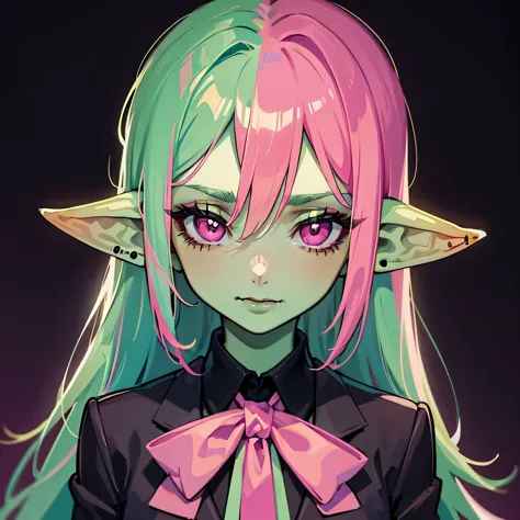 1 girl, portrait, goblin girl, green skin, pink hair, long hair, lip piercing, pink eyes, black shirt, black tie, black lipstick...