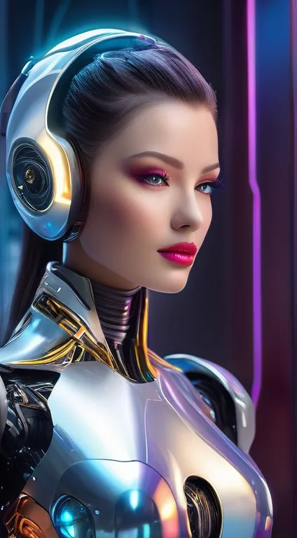 a beautiful robot girl，has realistic features and expressions, stunning metallic texture, intricate details, and advanced mechan...