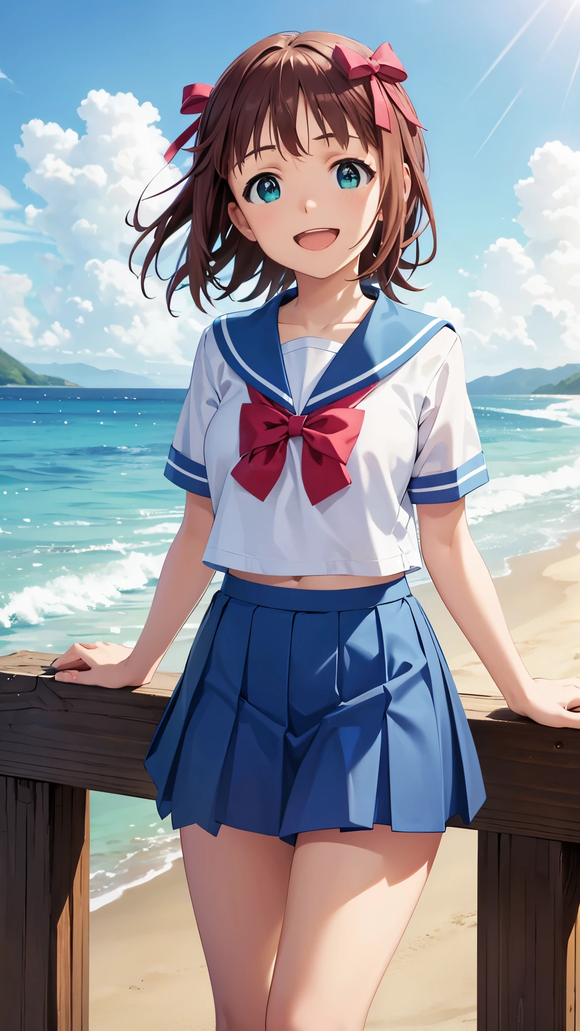 CG, unity, 8k, wallpaper, highest quality, masterpiece, 1girl, cheerful girl, 17-year-old, amami haruka, cowboy shot, standing, looking at viewer, (smile: 1.2), open mouth, white sailor suit, (blue collar, blue skirt: 1.3), short sleeve, barefoot, best lighting, complex pupils, complex textile, realistic skin texture, detailed background, In the beach