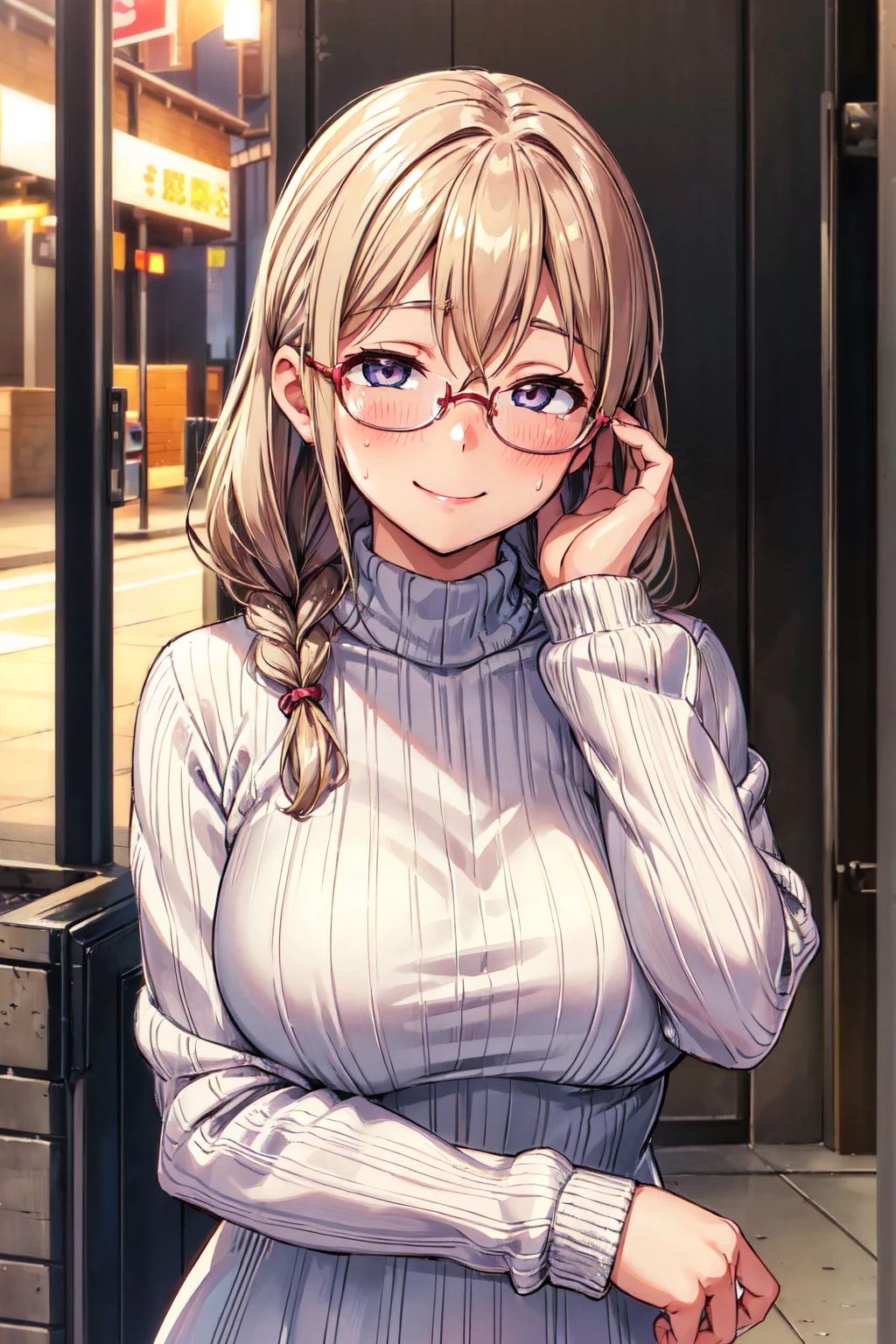 (high quality, High resolution, The finer details), Sidewalk, Side view, alone, girl, Braided Hair, , Sparkling eyes, (large round frame glasses), (Fine grain), big breasts, ((A kind smile)), blush, Sweat, Oily skin, (Focus plane), Shallow depth of field，Knitted sweater