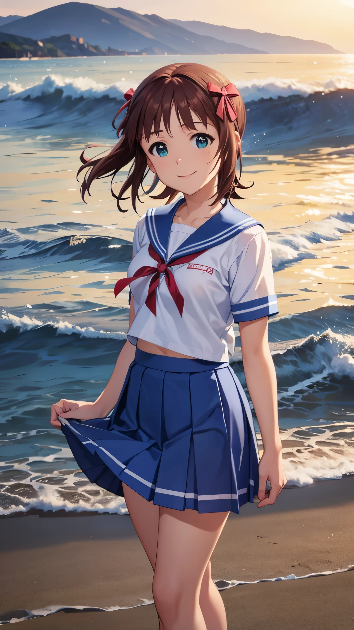 CG, unity, 8k, wallpaper, highest quality, masterpiece, 1girl, 17-year-old, amami haruka, cowboy shot, standing, looking at viewer, (smile: 1.2), white sailor suit, (blue collar, blue skirt: 1.3), short sleeve, barefoot, best lighting, complex pupils, complex textile, realistic skin texture, detailed background, In the beach, evening