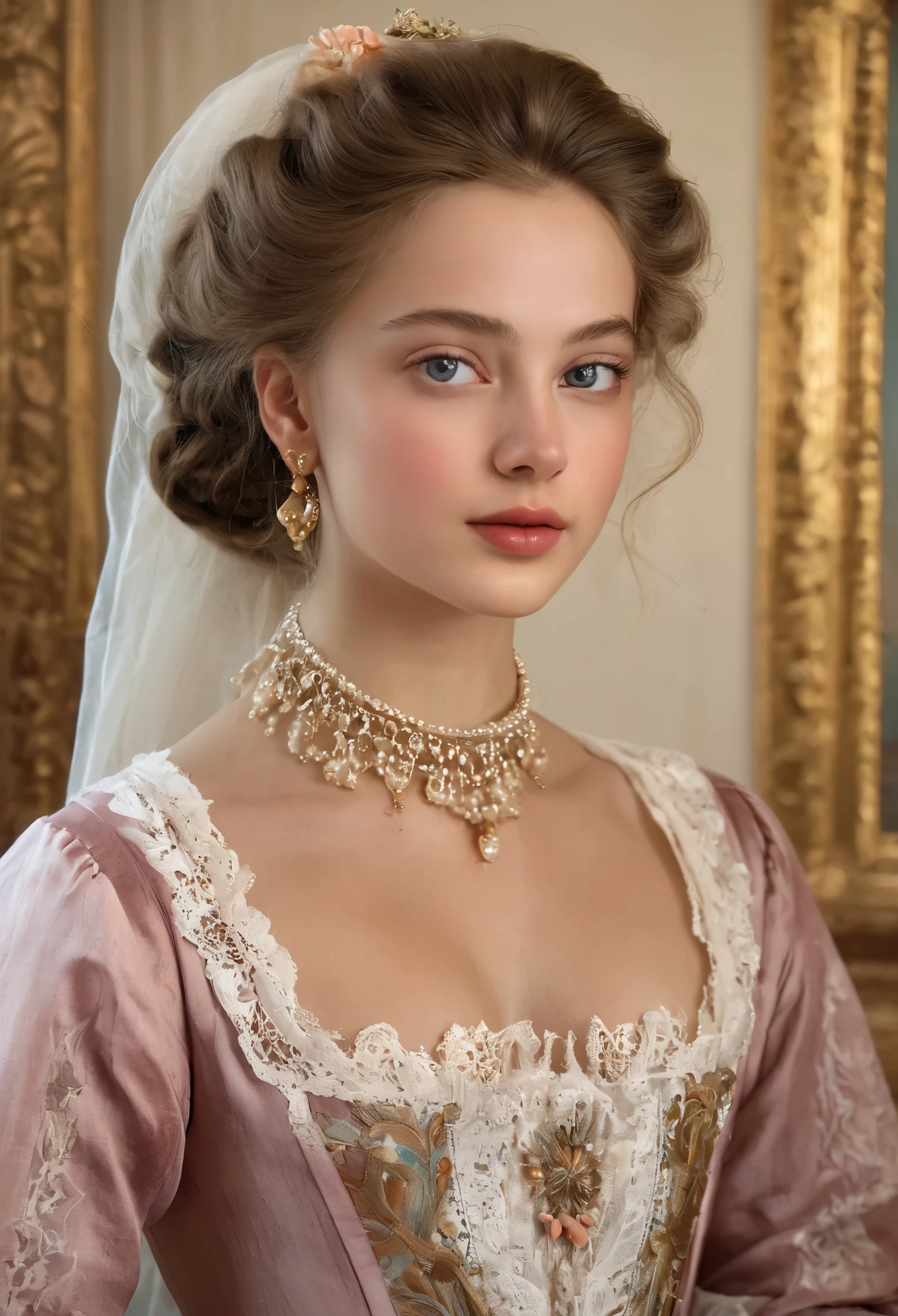 (best quality,4k,8k,highres,masterpiece:1.2),ultra-detailed,(realistic,photorealistic,photo-realistic:1.37),portrait,painting,pastels,personalized masterpiece,18th century,Russian,aristocratic,girl,noble daughter,14 years old,extremely beautiful,face,expressive eyes,delicate nose,luscious lips,porcelain skin,rosy cheeks,flowing curls,silky dress,stately posture,fine jewelry,embroidered lace collar,grand background,opulent interior,faint golden light