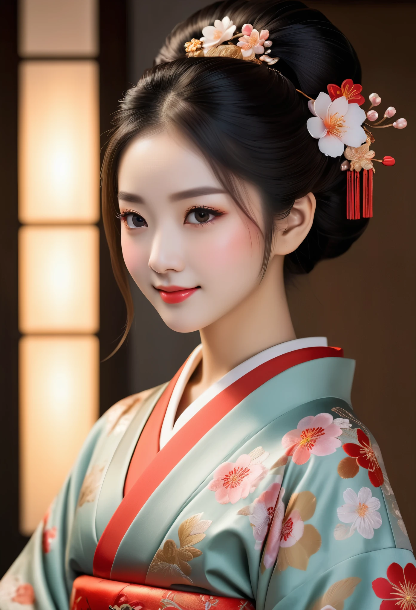 (best quality,4k,8k,highres,masterpiece:1.2),ultra-detailed,(realistic,photorealistic,photo-realistic:1.37),portrait,anime,A girl in a traditional Japanese attire,20th century,beautiful detailed eyes,longeyelashes,smallmouth,rosycheeks,pale skin,flowing black hair,innocent smile,delicate facial features,soft lighting,subtle background,embroidered kimono,exquisite flower hairpin,traditional fan,graceful pose,vibrant colors,ornate patterns,fine brushwork,Nihonga painting style,rich textures,subtle shading,subdued color palette,meticulous attention to detail,sense of tranquility and elegance.