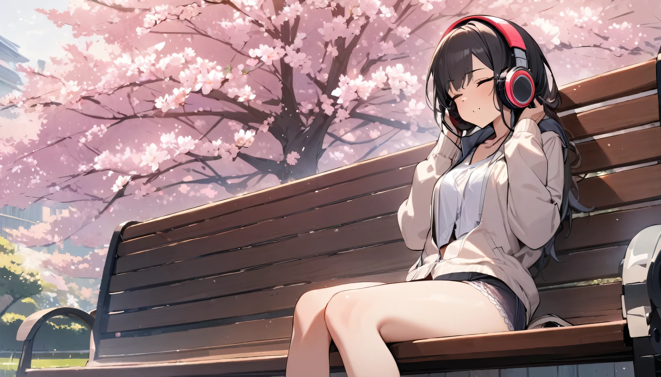 Anime girl sitting on a bench with headphones on - SeaArt AI