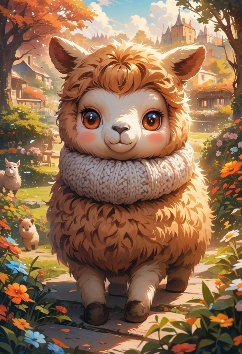 style, Vibrant colors, dreamy atmosphere, Layered composition, Intricate details, Warm rural background,(Brown Alpaca, Alpaca plush toy, Old Alpaca, Anthropomorphic alpacas, Fluffy,Solitary， big eyes,best quality,Super detailed,Reality), Soft texture, Comfortable atmosphere, peaceful garden background, Vibrant colors, Warm lighting