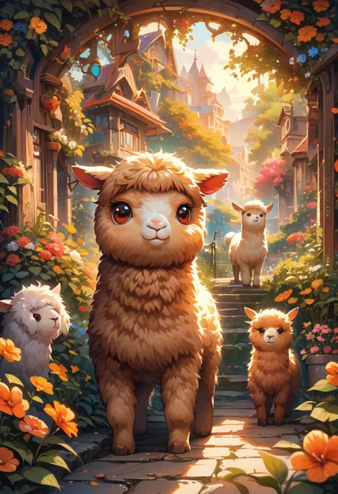 style, Vibrant colors, dreamy atmosphere, Layered composition, Intricate details, Warm rural background,(Brown Alpaca, Alpaca pl...