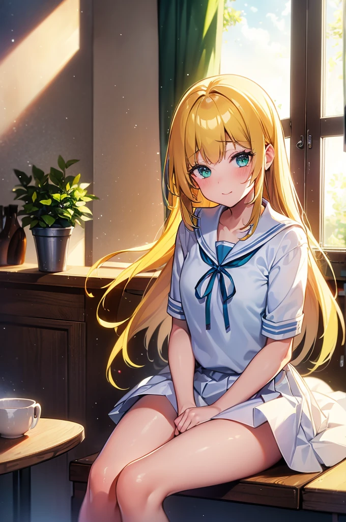 ((masterpiece,highest quality, High resolution)), One girl, alone, Green Eyes, Long blonde hair tied with a blue ribbon, Blunt bangs, Sitting, Arms folded on the table, Sleep arm in arm, , white serafuku, red sailor collar, Short sleeve, White pleated skirt, (In the library), dramatic light, next to the window, afternoon light through the window, afternoon, Bokeh effect