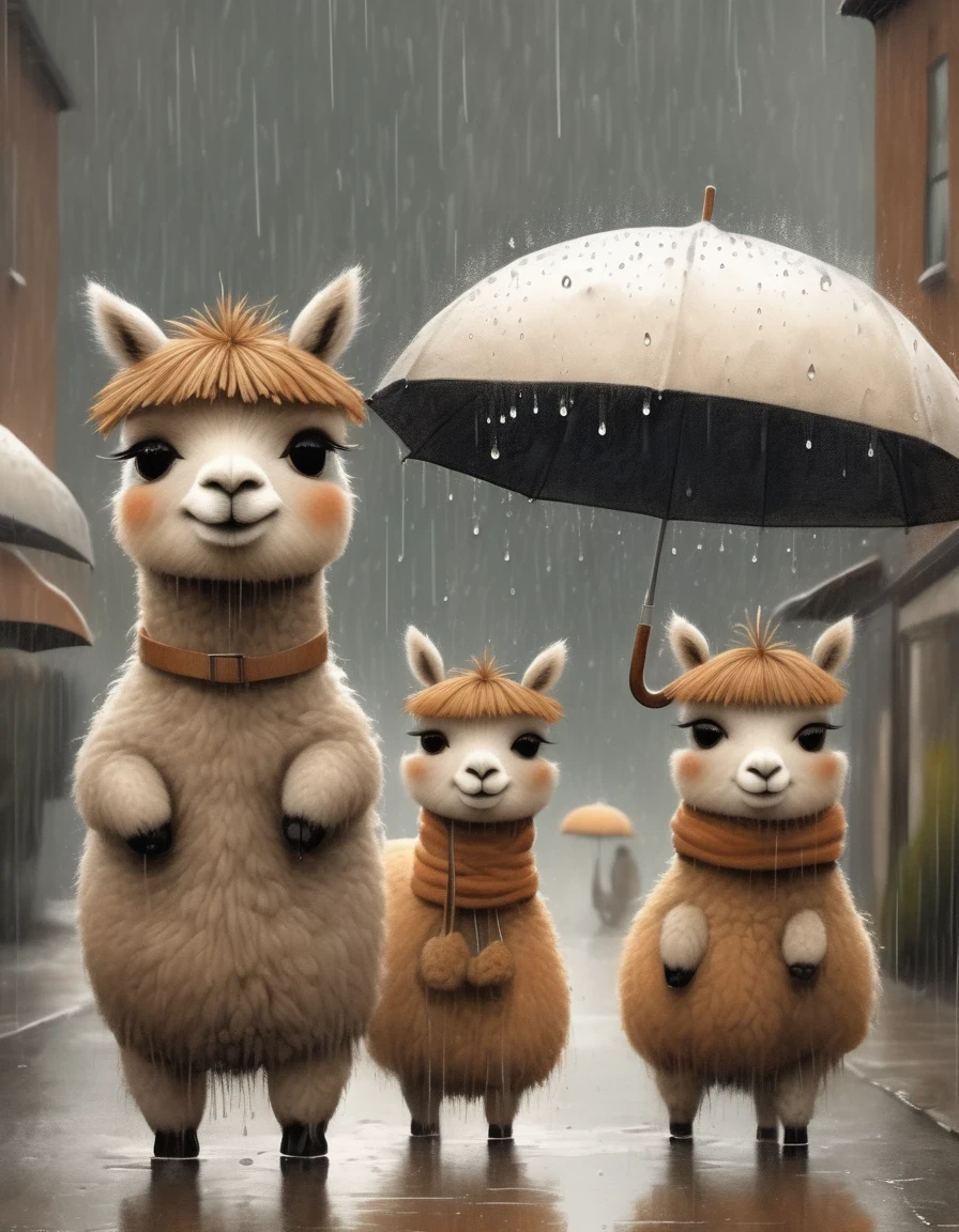 Cautivadora caricatura de cuerpo entero recreada al estilo de Jon Klassen y Sam Toft: alpacas under umbrellas, gotas de lluvia, Bocetos modernos y dibujos lineales dinámicos de características., texturas marrones - 5:7 - estilo original 