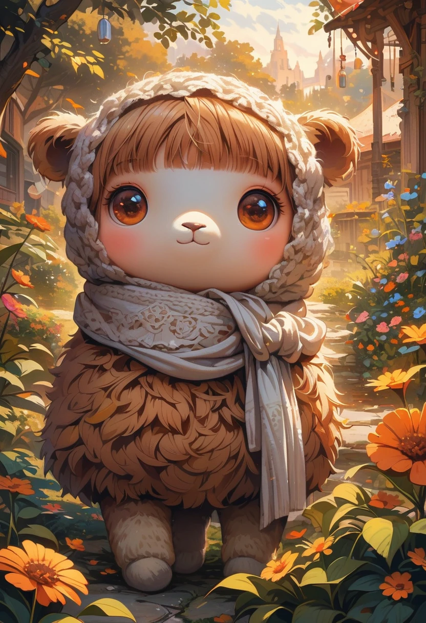 style, Vibrant colors, dreamy atmosphere, Layered composition, Intricate details, Warm rural background,(Brown Alpaca, Alpaca plush toy, Old Alpaca, Anthropomorphic alpacas, Fluffy,Solitary， big eyes,best quality,Super detailed,Reality), Soft texture, Comfortable atmosphere, peaceful garden background, Vibrant colors, Warm lighting