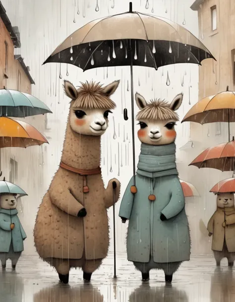 a alpacas under umbrellas, raindrops, modern sketches and dynamic line drawings of features, brown textures ， original style,Captivating full-body caricature re-created in the style of jon Klassen and Sam Toft,