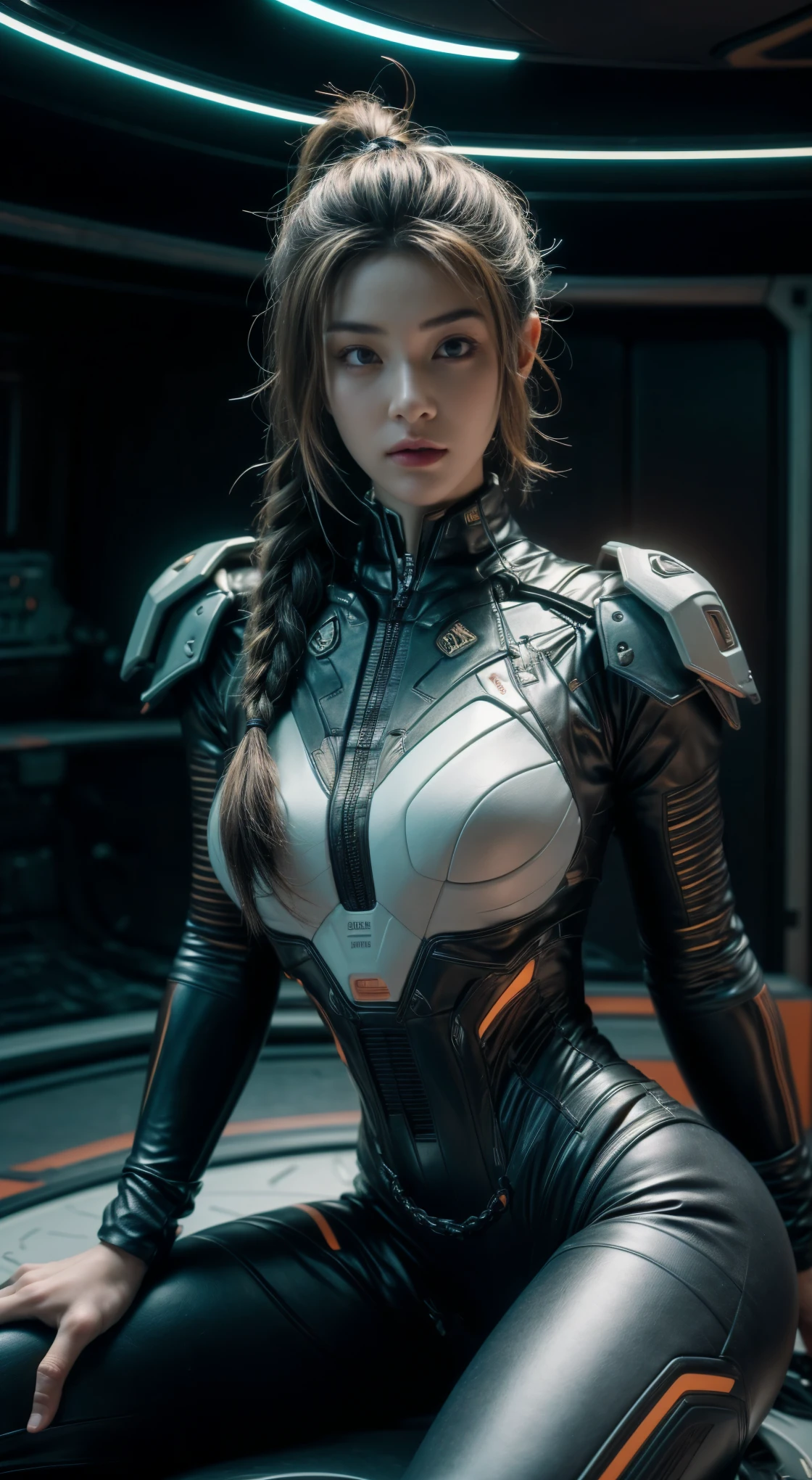 ((Best quality)), ((masterpiece)), (detailed:1.4), 3D, an image of a beautiful cyberpunk female with braids on head, beautiful detailed eyes, looking at viewer, HDR (High Dynamic Range), Ray Tracing, Super-Resolution, Unreal 5,Subsurface scattering, PBR Texturing, Post-processing, Anisotropic Filtering,Depth-of-field,Maximum clarity and sharpness,Multi-layered textures, Albedo and Specular maps,Surface shading, Accurate simulation of light-material interaction,Perfect proportions,Octane Render,Two-tone lighting,Wide aperture,Low ISO,White balance, Rule of thirds, 8K RAW, anime - style woman in a white and black outfit with a gun, space girl, sexy, stunning , spaceship bridge room, perfect view