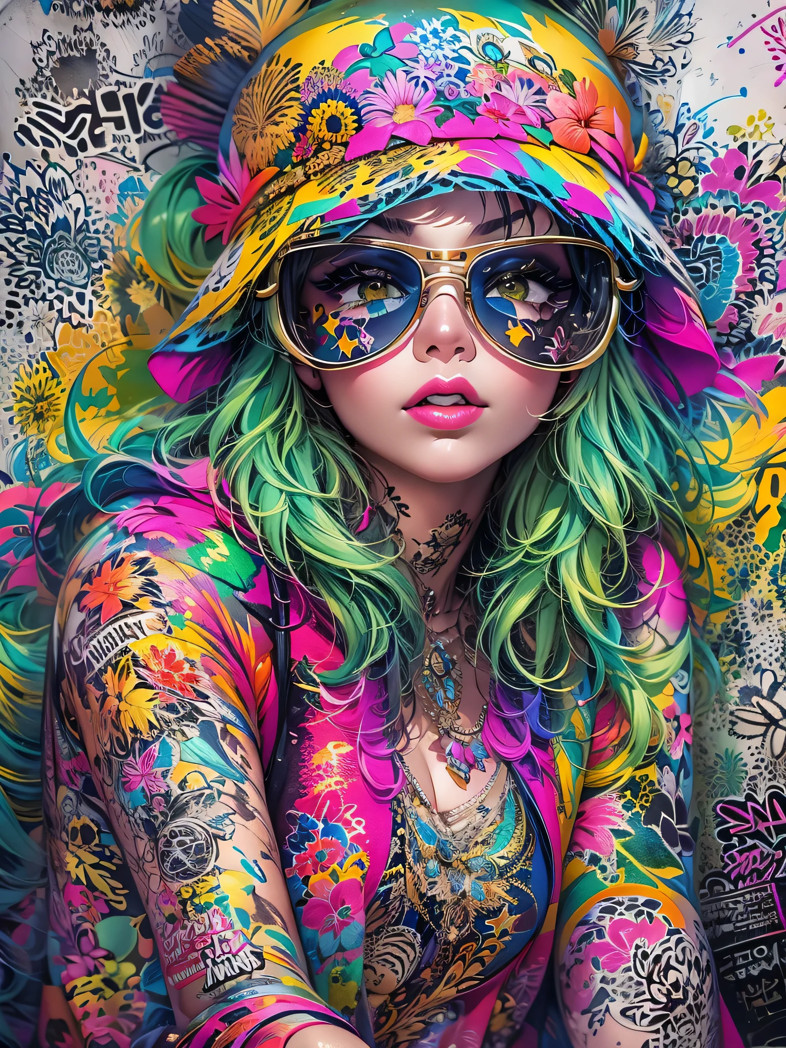 8K quality, watercolor painting, stylish design, (((The strongest beautiful girl of all time))), gal, Stylish sunglasses, Fashionable hats, (((highest quality))), bob hair, put your hand on the wall, HDR, Detailed details, skull fashion, detailed clothing texture, (((graffiti art))), colorful hair, ((masterpiece))、((Super detailed))