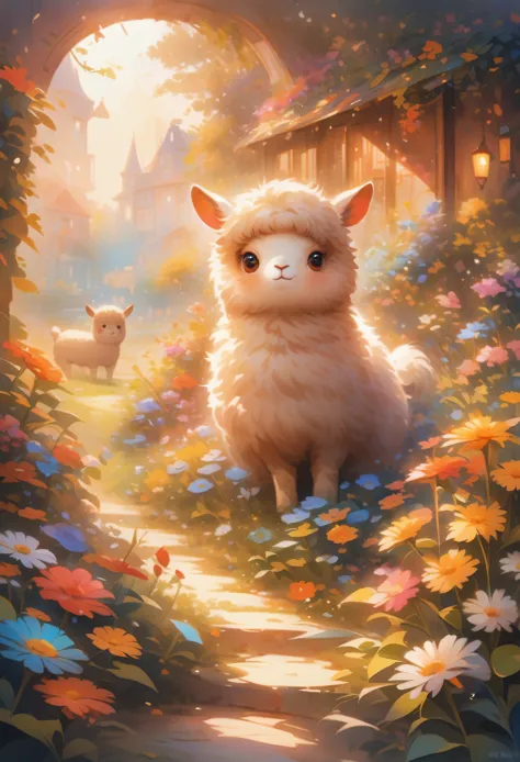style, Vibrant colors, dreamy atmosphere, Layered composition, Intricate details, Warm rural background,(Brown Alpaca, Alpaca plush toy, Old Alpaca, Anthropomorphic alpacas, Fluffy,Solitary， big eyes,best quality,Super detailed,Reality), Soft texture, Comf...