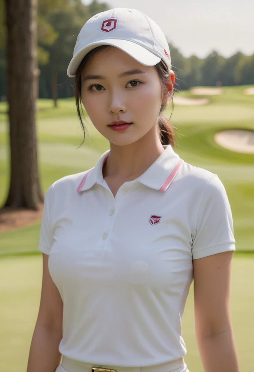 1 girl, asian, ethereal beautiful, beautiful girl,slim, real skin tone, soft light, masterpiece, best quality, photo-realistic, high resolution, detailed skin, 8k uhd, soft lighting, high quality, film grain, (topless golf uniform), soft hairy pussy, golf club