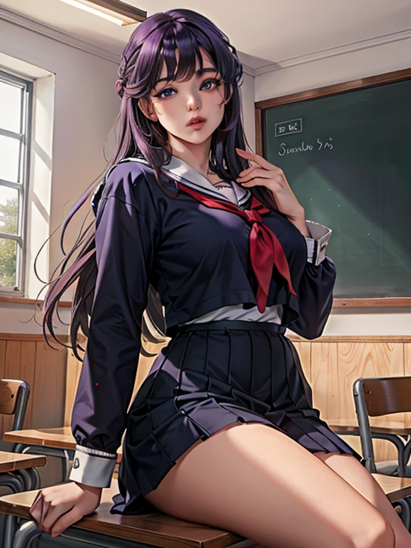 A young woman, 18 years old, with long purple hair, wearing a sailor uniform, sitting in a classroom (School 1.5 in the background) (Serious expression, cold 1.5) (highest quality: 1.1) (masterpiece: 1.3) with an unparalleled masterpiece, Surreal 8K, Perfect artwork, Super Detail, highest quality, masterpiece 4K wallpaper aesthetics, masterpiece, Award-winning works, Official Art, Cinema Lighting