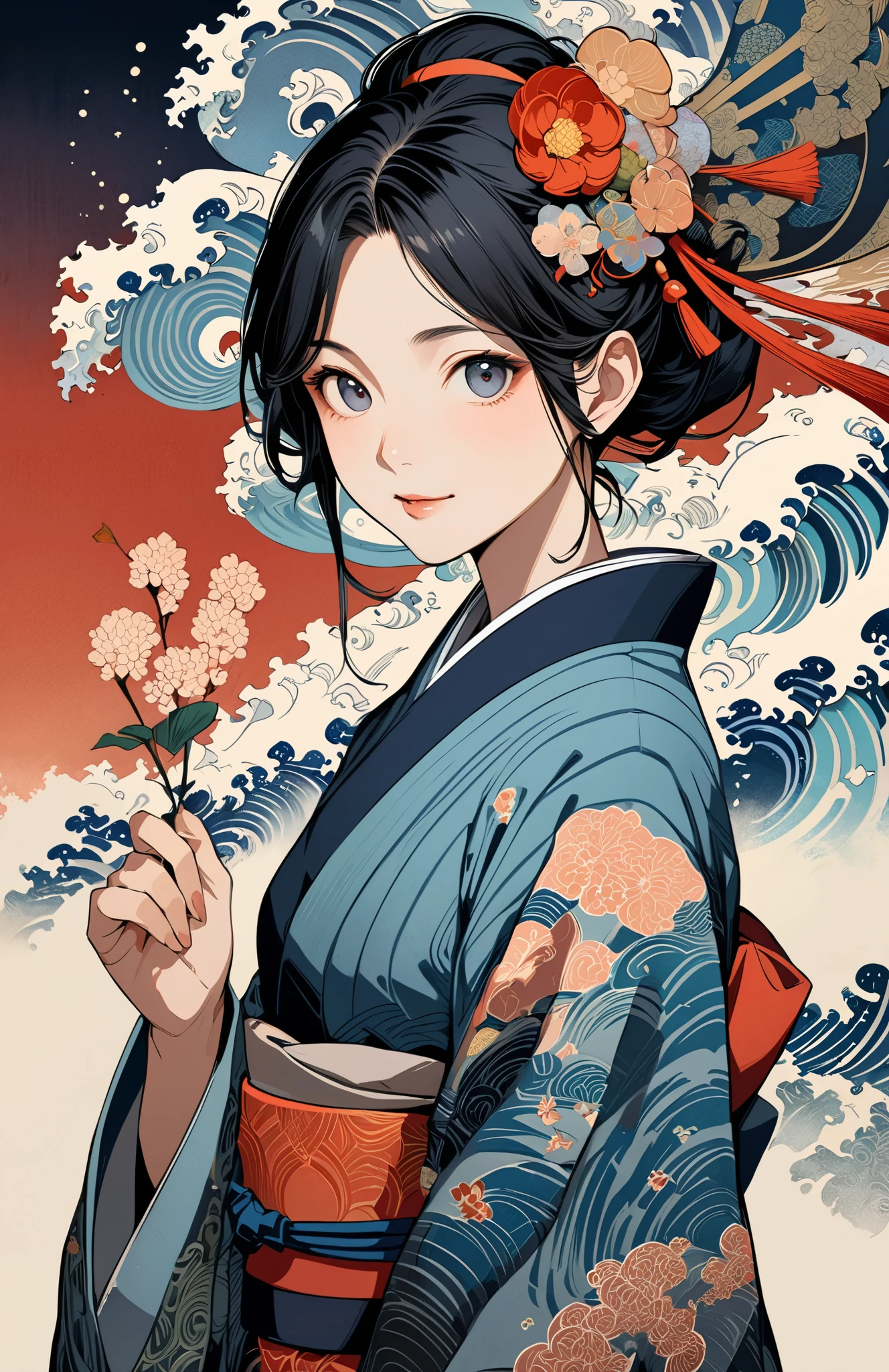 masterpiece,highest quality,One girl,(Fractal Art),Ukiyoe art style,Realistic anime art style,